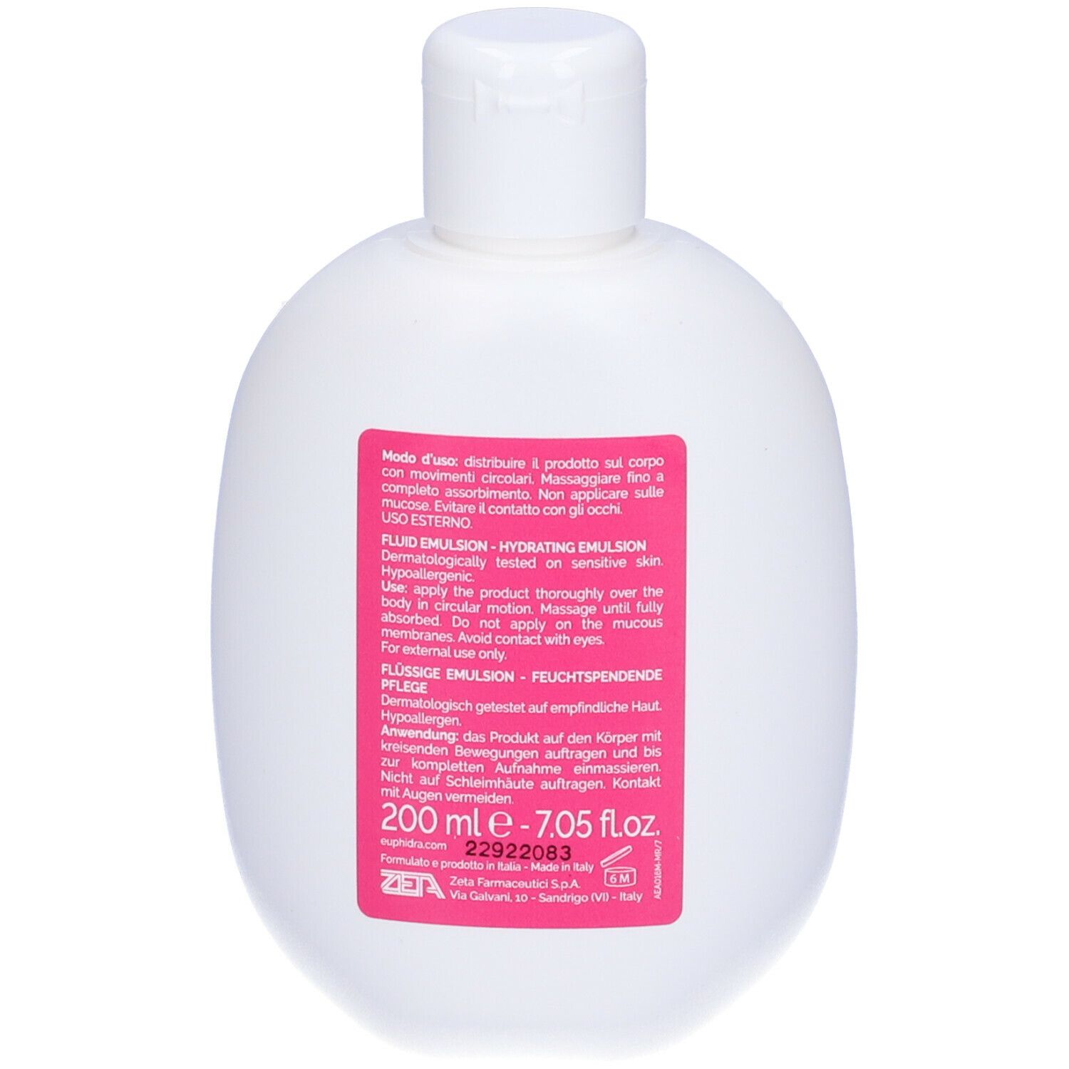 Retro flacone bianco Euphidra AmidoMio Emulsione Fluida. Etichetta rosa con testo.