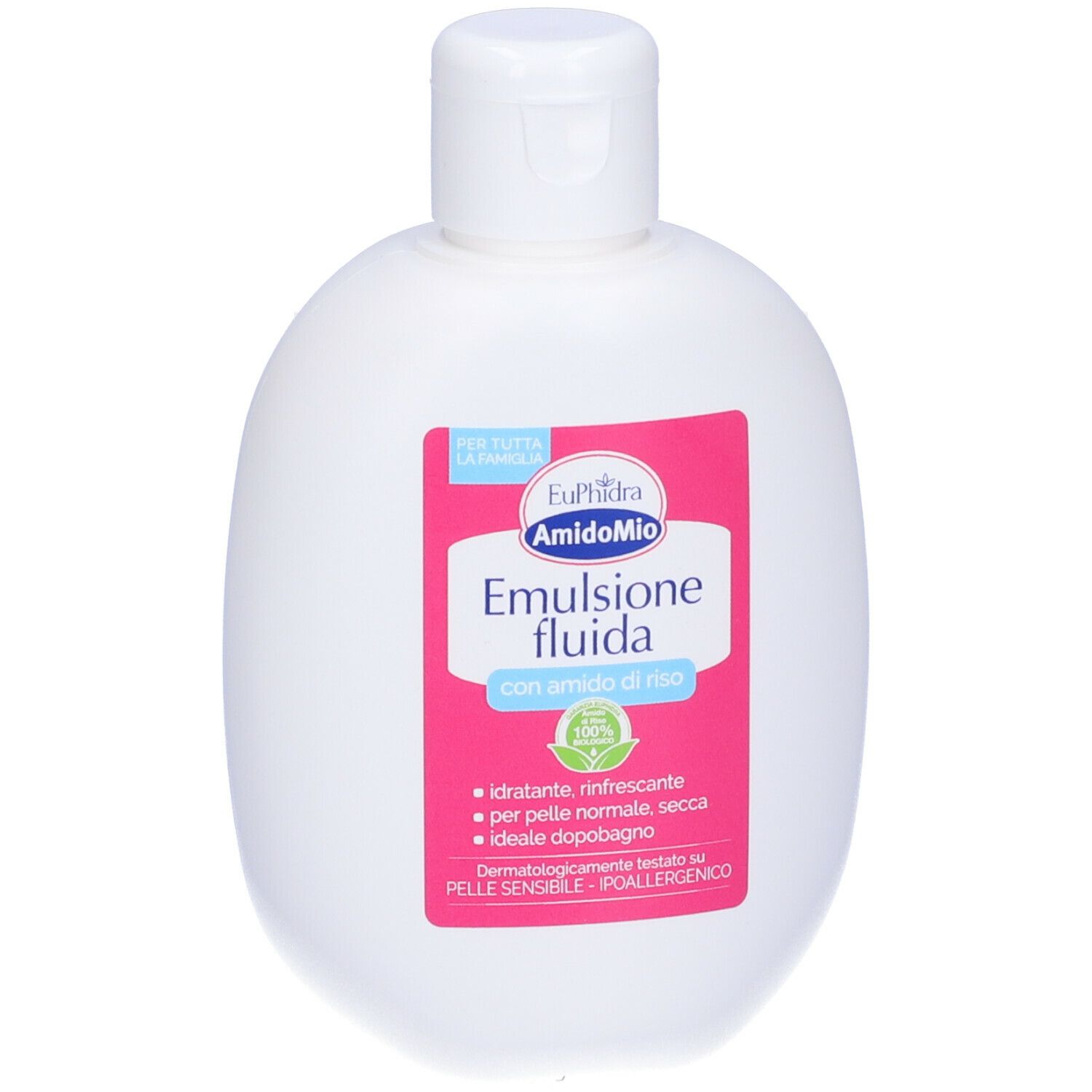 Flacone bianco Euphidra AmidoMio Emulsione Fluida. Etichetta rosa con testo. Tappo bianco.