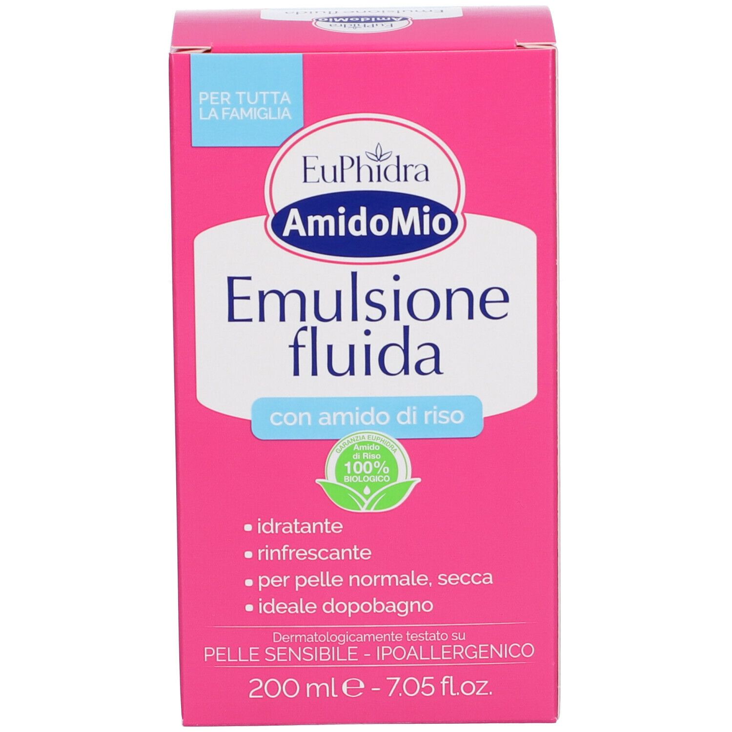 Confezione rosa Euphidra AmidoMio Emulsione Fluida. Scritte: 'con Amido di Riso', 'Idratante - Rinfrescante'.