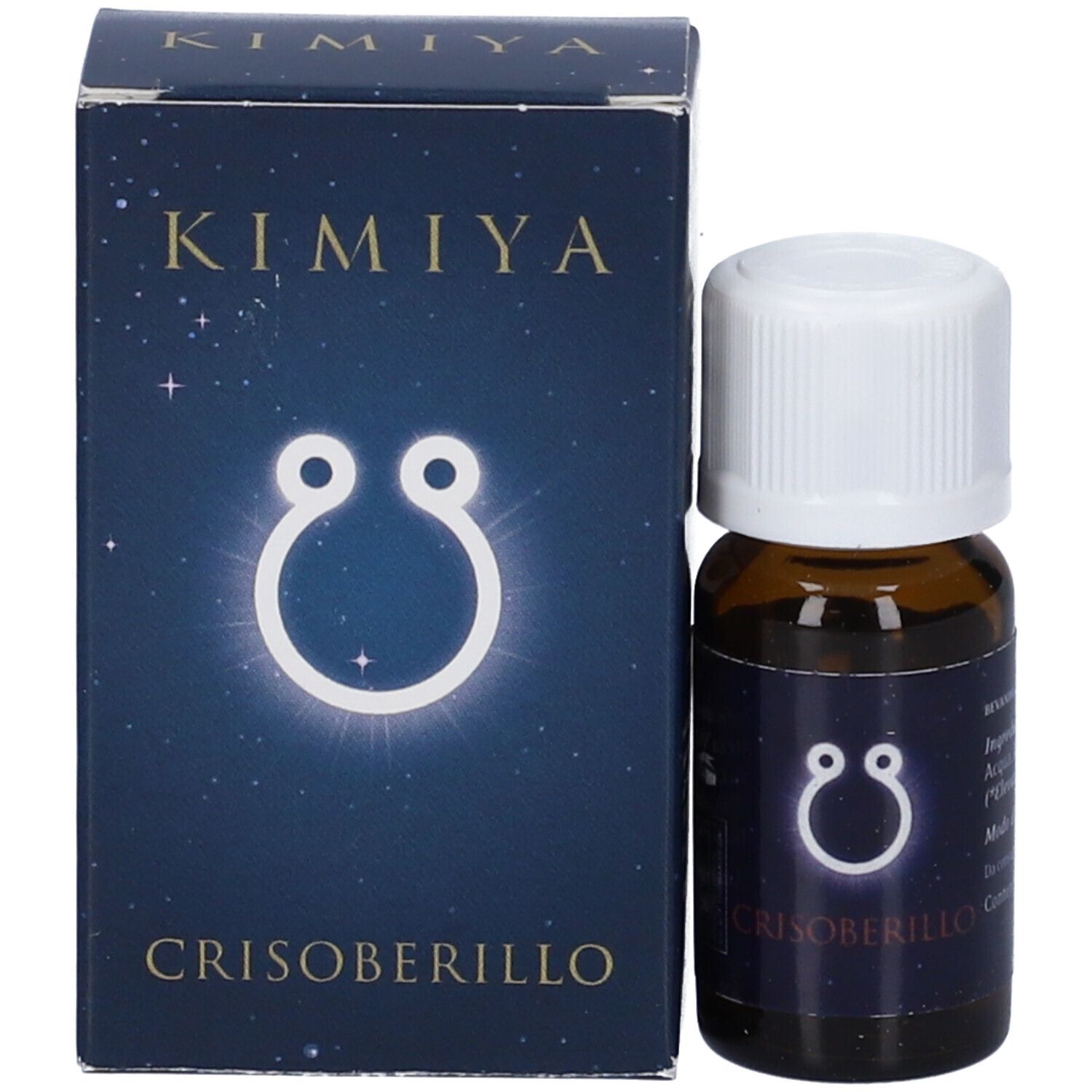 Braune Glasflasche mit weißem Deckel und Verpackung. Verpackung mit KIMIYA und CRISOBERILLO.