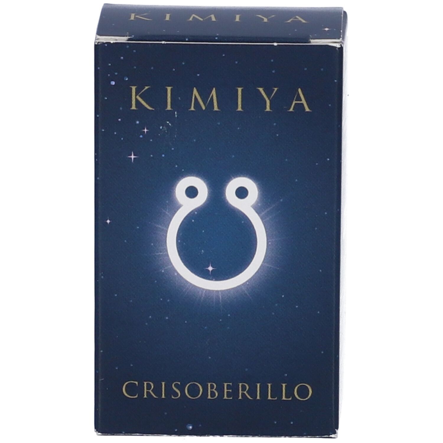 Verpackung mit KIMIYA und CRISOBERILLO. Blauer Hintergrund mit Sternen und weißem Symbol.