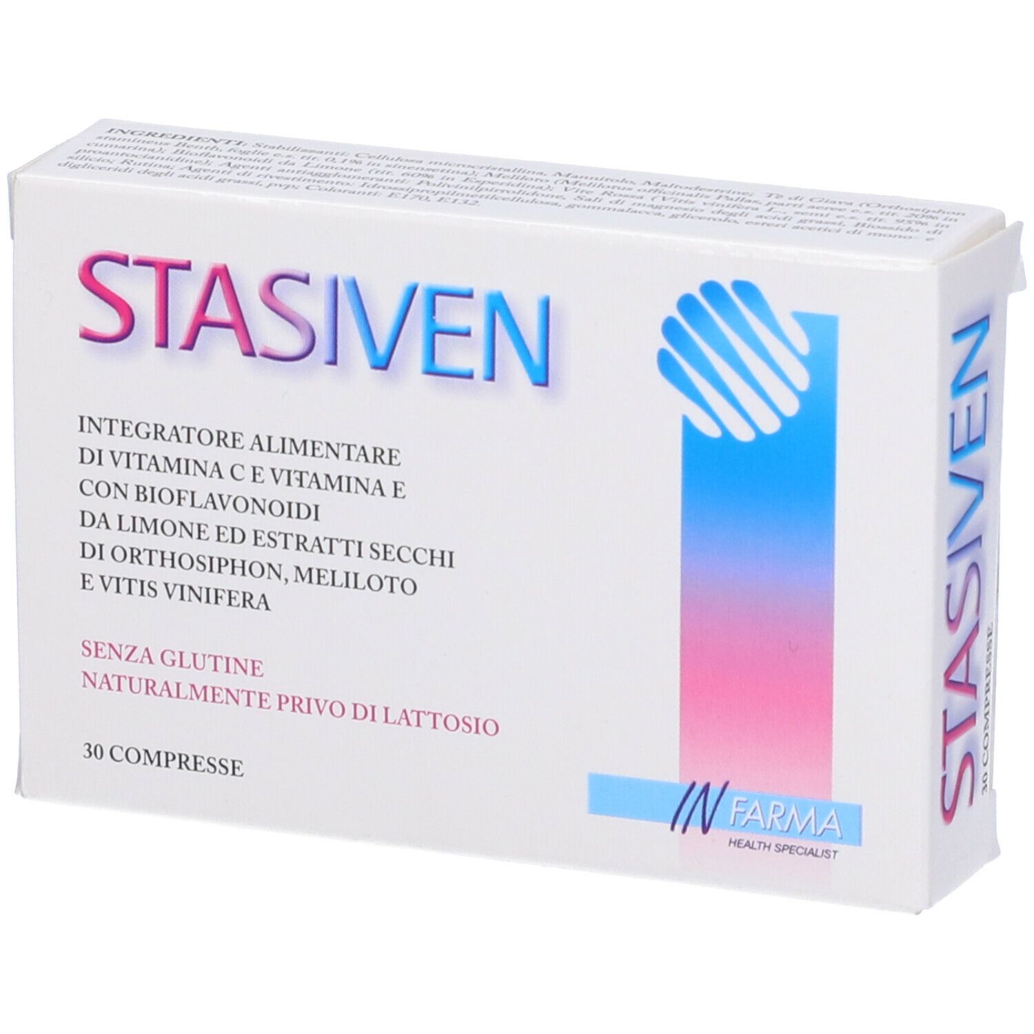 Scatola "STASIVEN" con 30 compresse. Contiene integratore alimentare con vitamine, bioflavonoidi, senza glutine e senza lattosio.