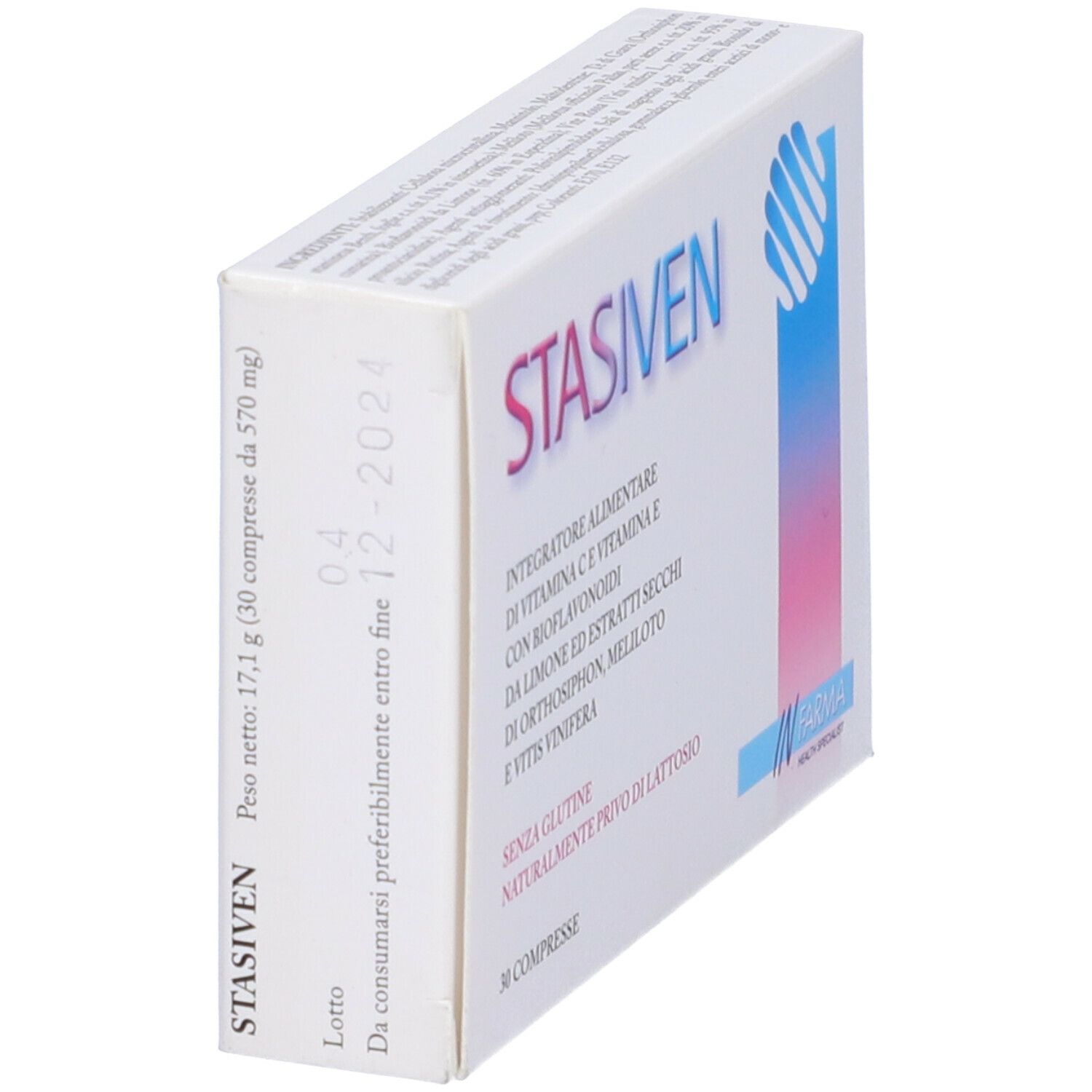 Vista angolata della scatola "STASIVEN". Contiene 30 compresse. Scadenza: 12-2024. Peso netto: 17,1 g.
