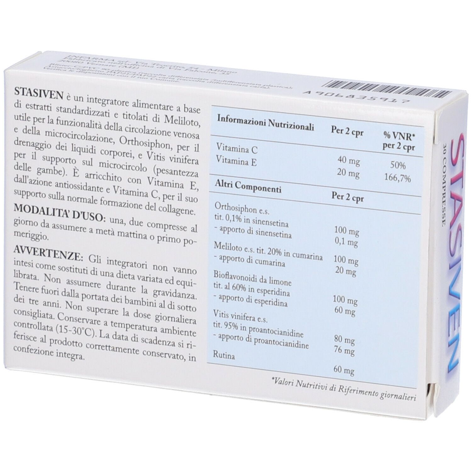 Retro della scatola "STASIVEN". Informazioni nutrizionali e ingredienti. Testo in italiano.
