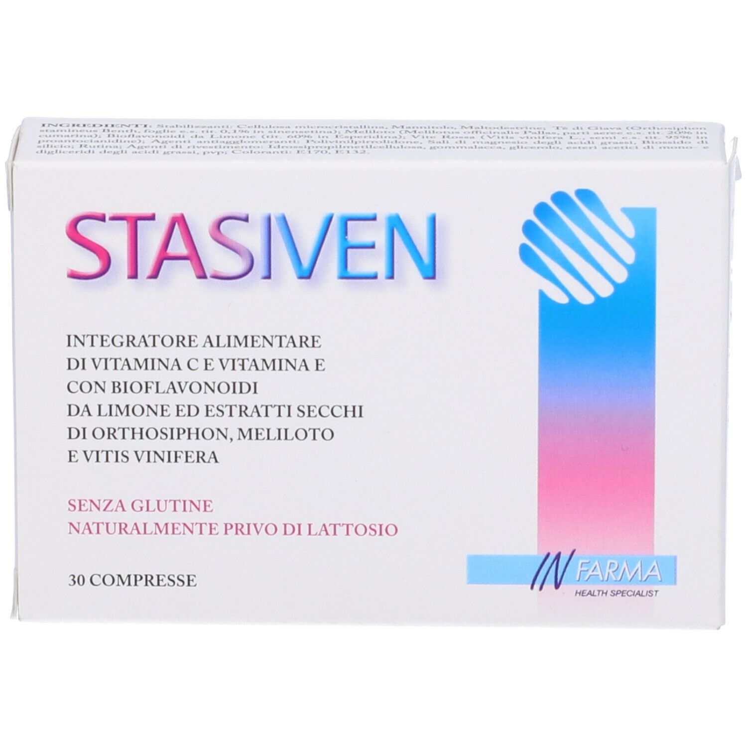Vista frontale della scatola "STASIVEN". Contiene 30 compresse. Integratore alimentare, senza glutine e senza lattosio.