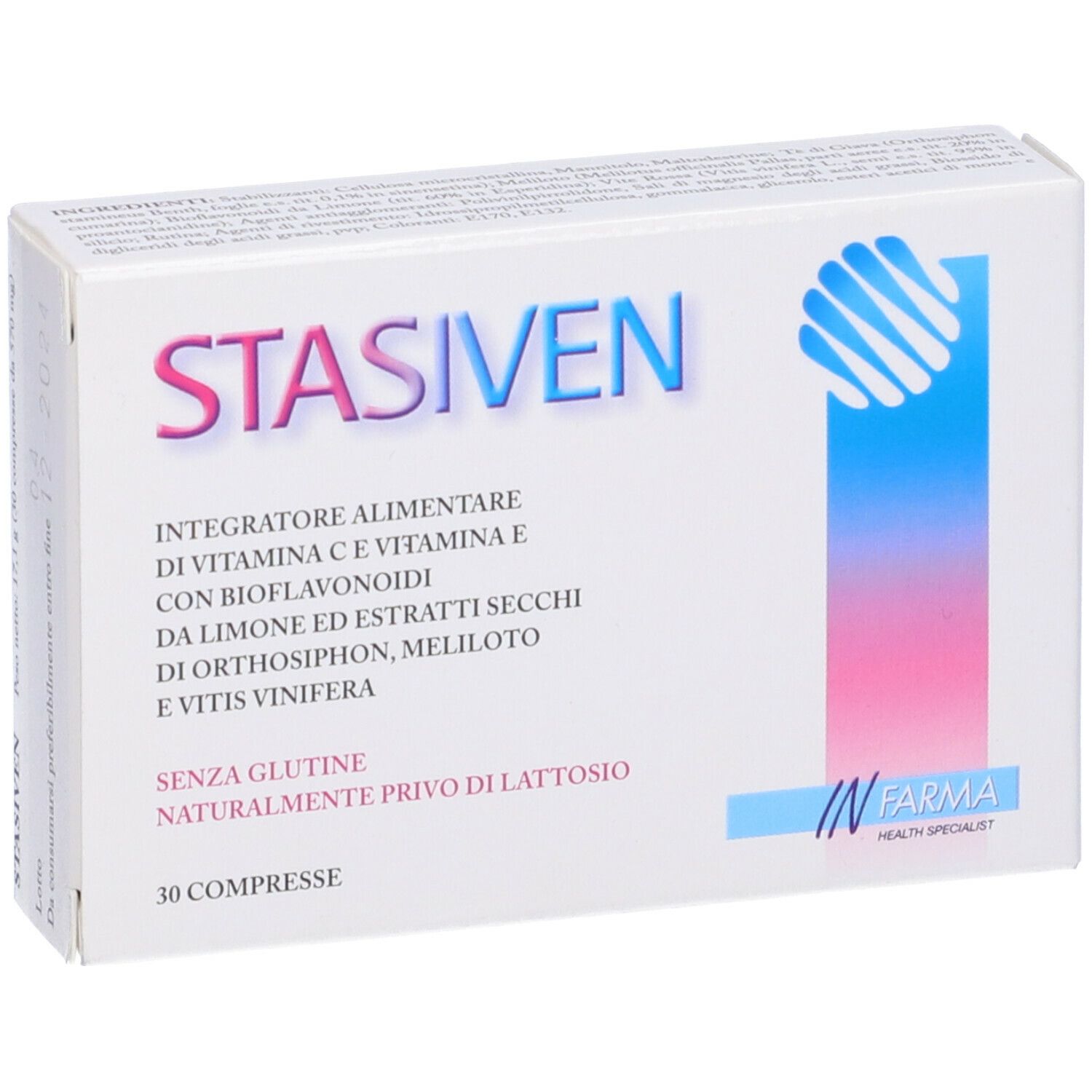 Vista frontale della scatola "STASIVEN". Contiene 30 compresse. Integratore alimentare, senza glutine e senza lattosio.