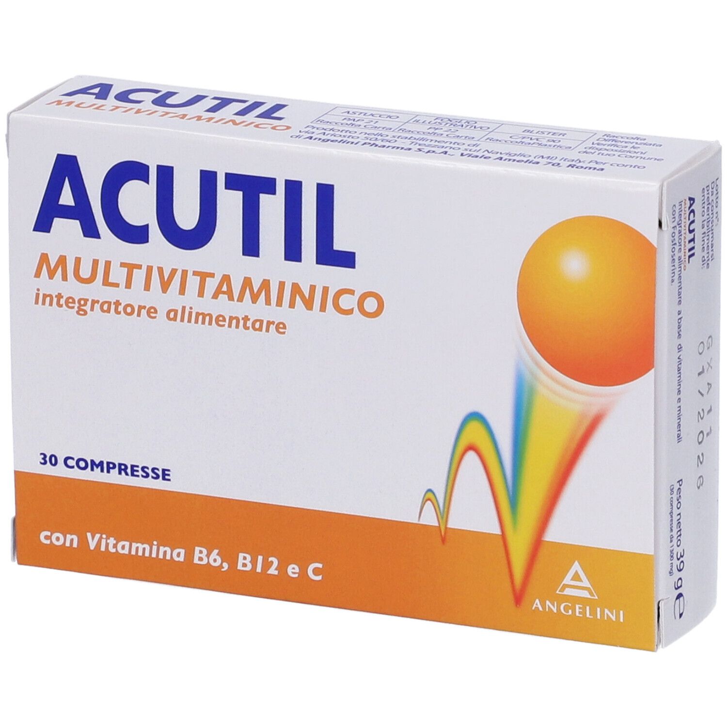 Confezione di Acutil Multivitaminico. Scatola bianca con accento arancione. Contiene 30 compresse. Con vitamina B6, B12 e C.