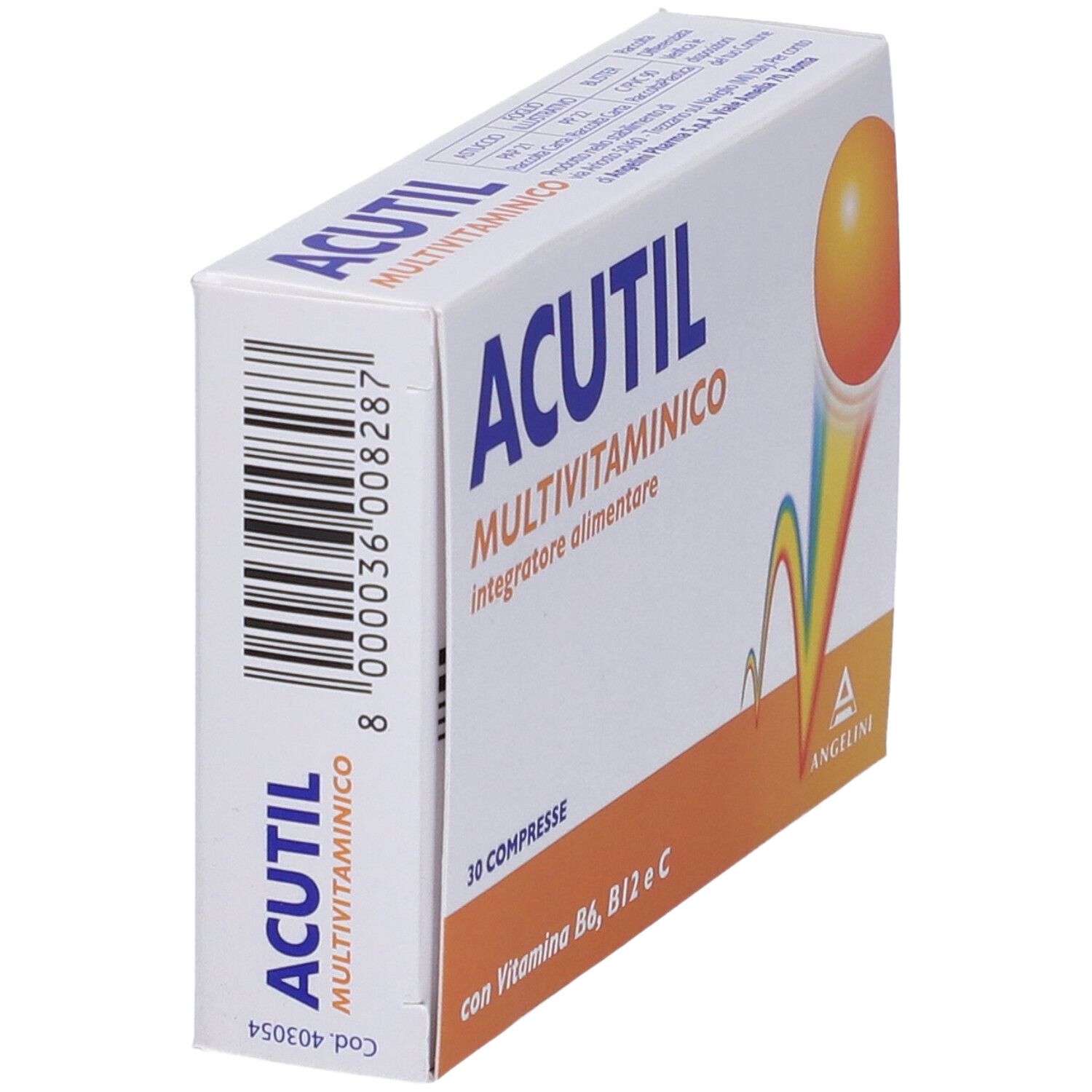 Confezione di Acutil Multivitaminico. Scatola bianca con accento arancione. Contiene 30 compresse. Codice a barre e nome del prodotto visibili.