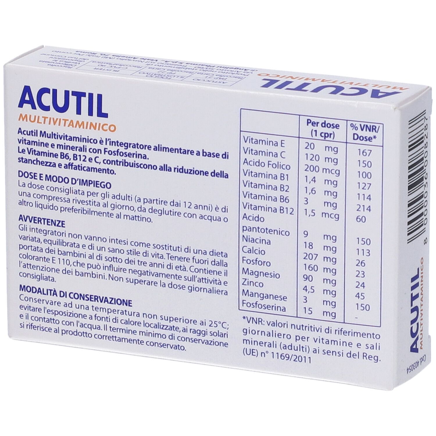 Retro della confezione di Acutil Multivitaminico. Contiene informazioni sugli ingredienti e il dosaggio. Scatola bianca con testo.