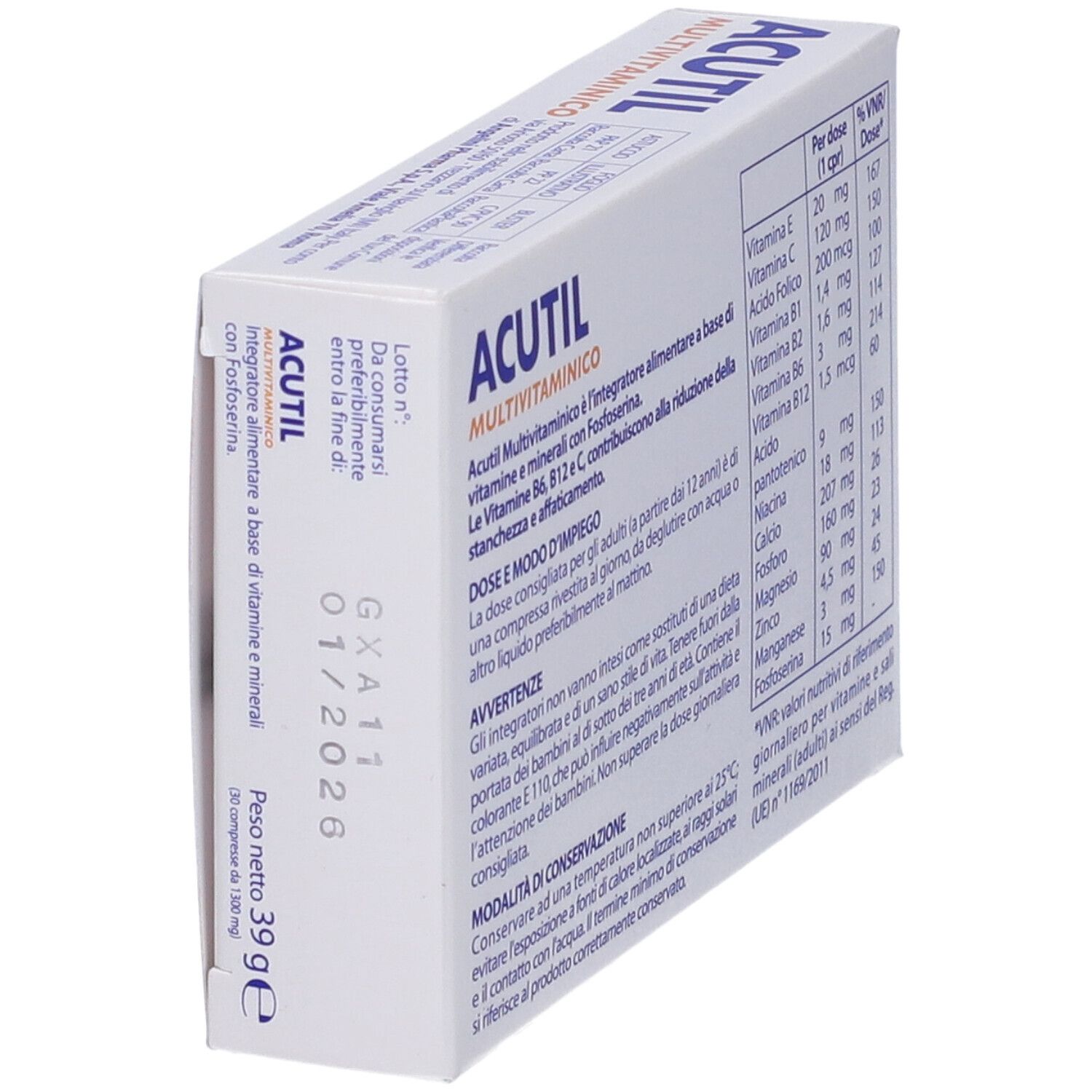 Retro della confezione di Acutil Multivitaminico. Contiene informazioni sugli ingredienti e il dosaggio. Scatola bianca con testo.
