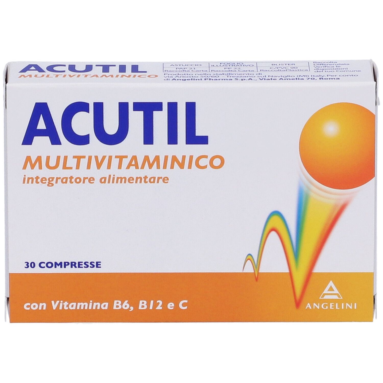Confezione di Acutil Multivitaminico. Scatola bianca con accento arancione. Contiene 30 compresse. Con vitamina B6, B12 e C.