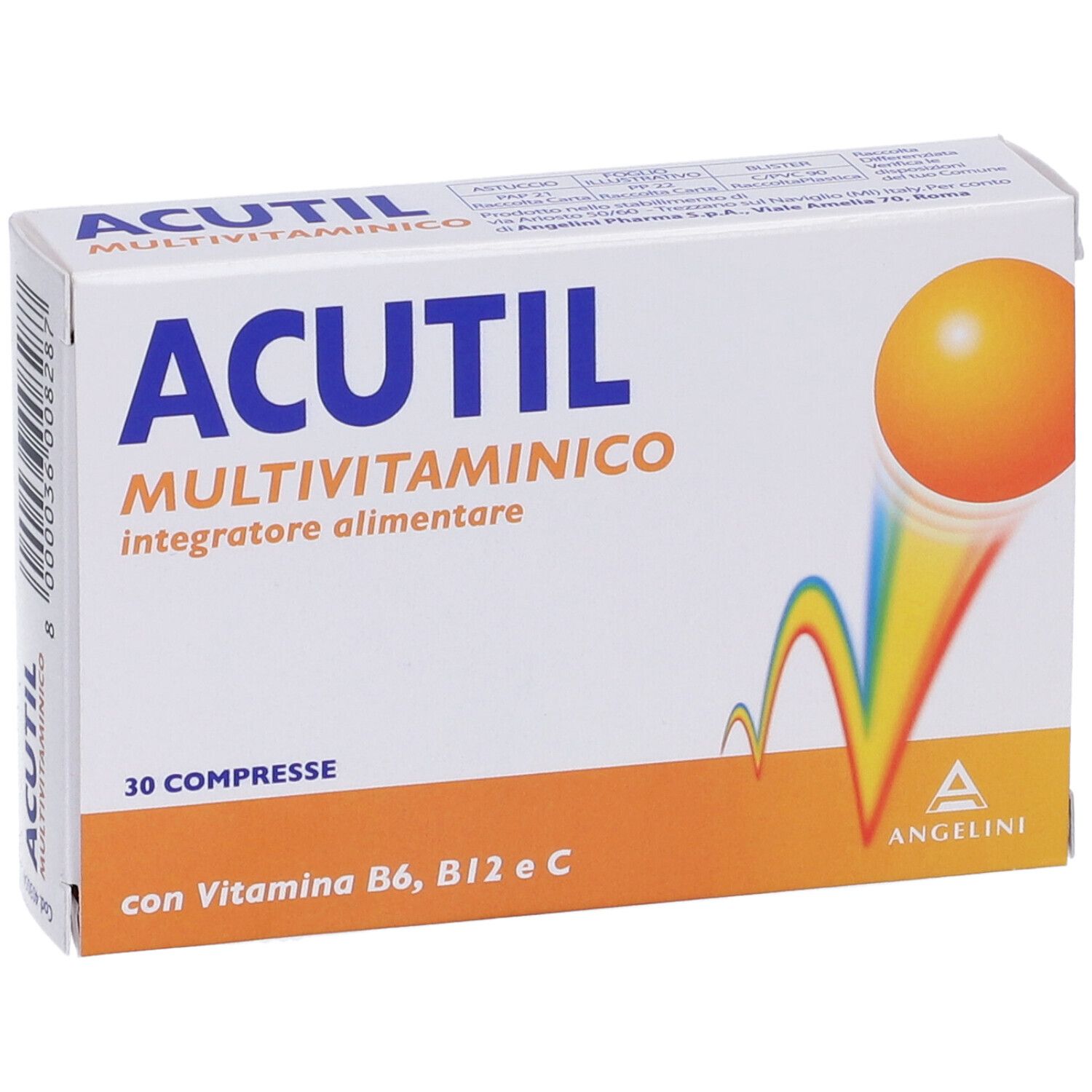 Confezione di Acutil Multivitaminico. Scatola bianca con accento arancione. Contiene 30 compresse. Con vitamina B6, B12 e C.