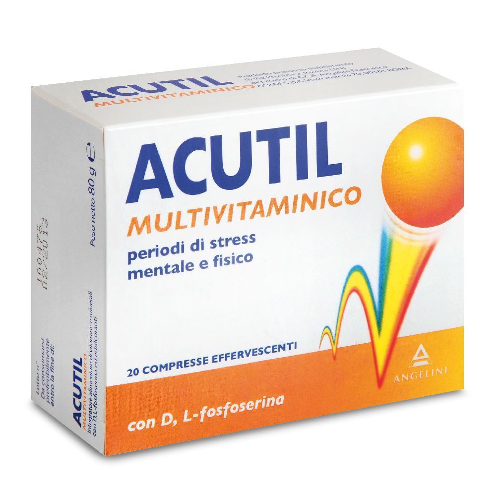 Scatola bianca con logo "ACUTIL MULTIVITAMINICO". Contiene 20 compresse effervescenti. Grafica arancione e blu.