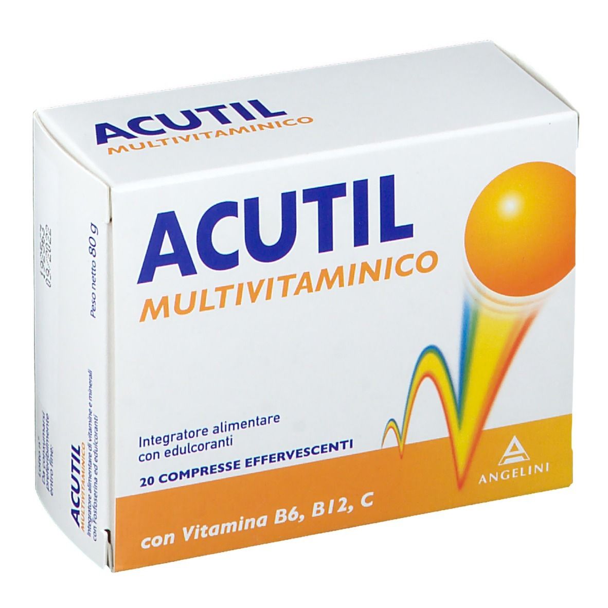 Scatola bianca con logo "ACUTIL MULTIVITAMINICO". Contiene 20 compresse effervescenti. Grafica arancione e blu.