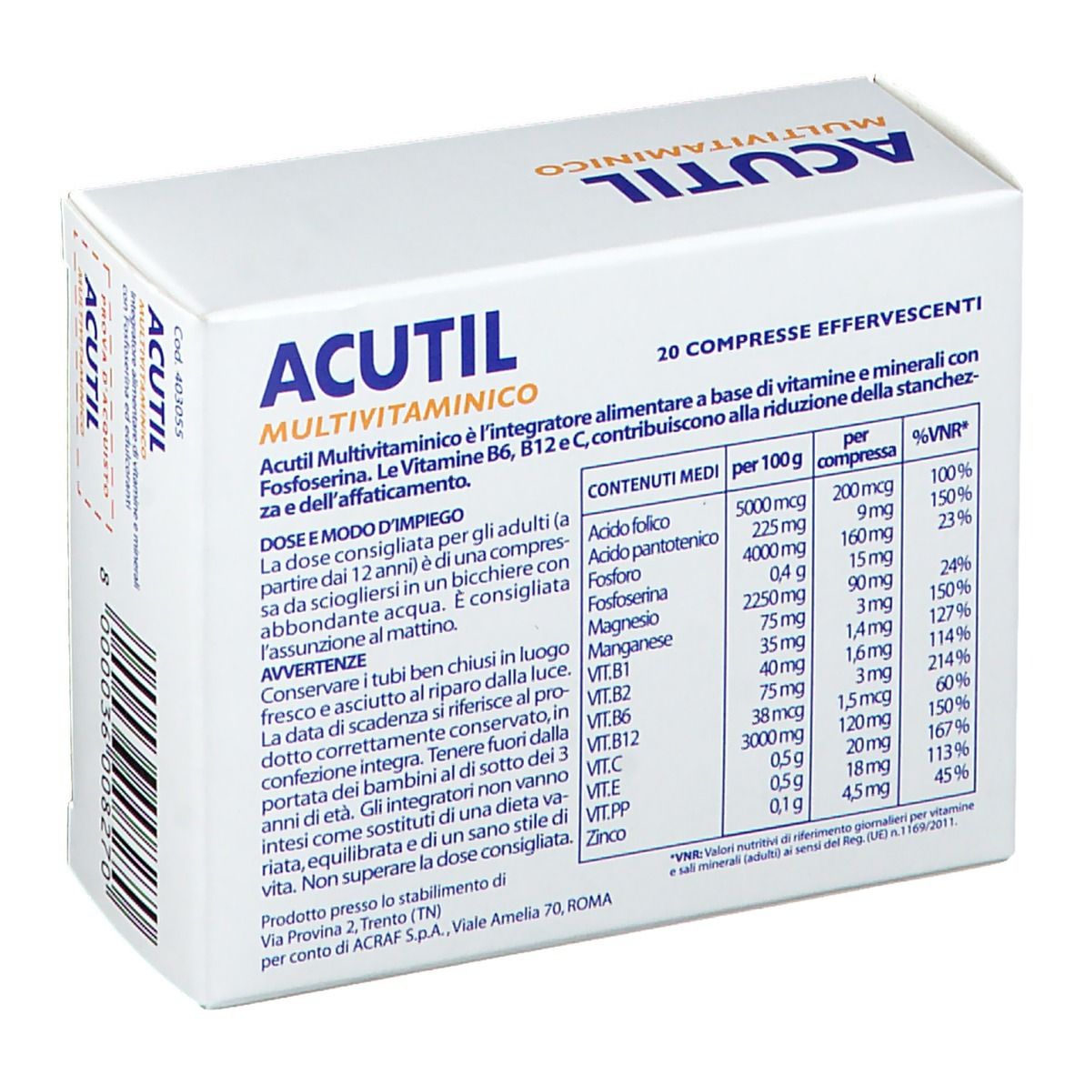 Scatola bianca con logo "ACUTIL MULTIVITAMINICO". Contiene 20 compresse effervescenti. Retro con informazioni nutrizionali.