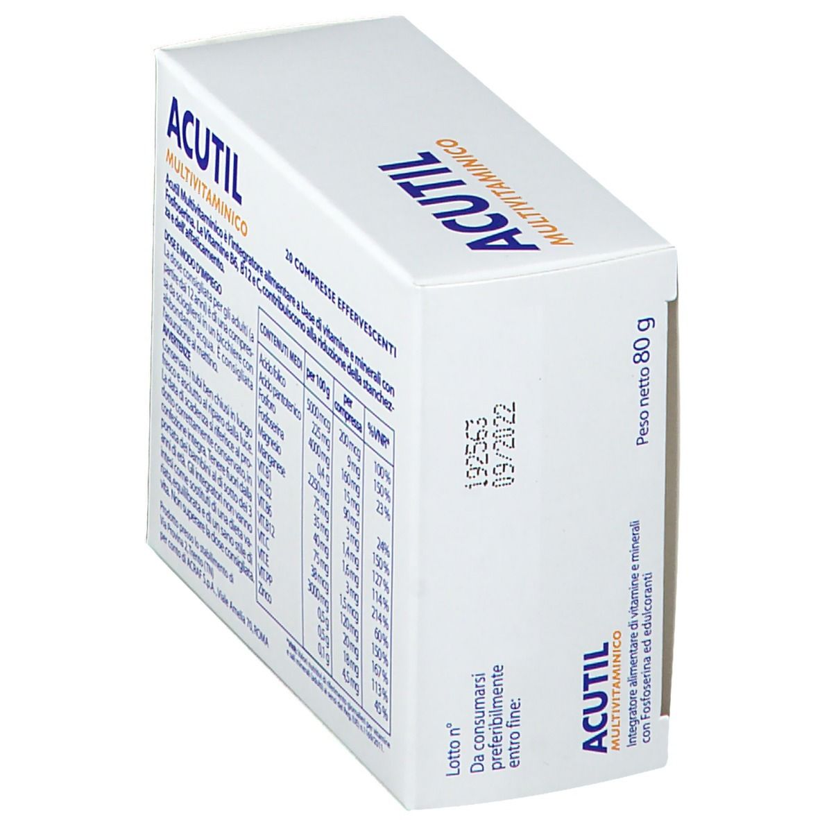 Scatola bianca con logo "ACUTIL MULTIVITAMINICO". Contiene 20 compresse effervescenti. Retro con informazioni nutrizionali.