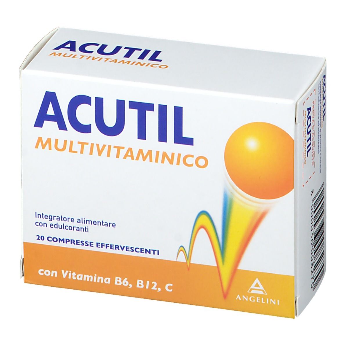 Scatola bianca con logo "ACUTIL MULTIVITAMINICO". Contiene 20 compresse effervescenti. Grafica arancione e blu.