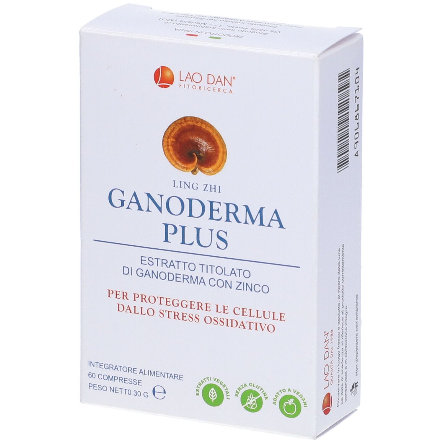 Scatola bianca con 'Ganoderma Plus'. Contiene 60 compresse. Logo e informazioni prodotto.