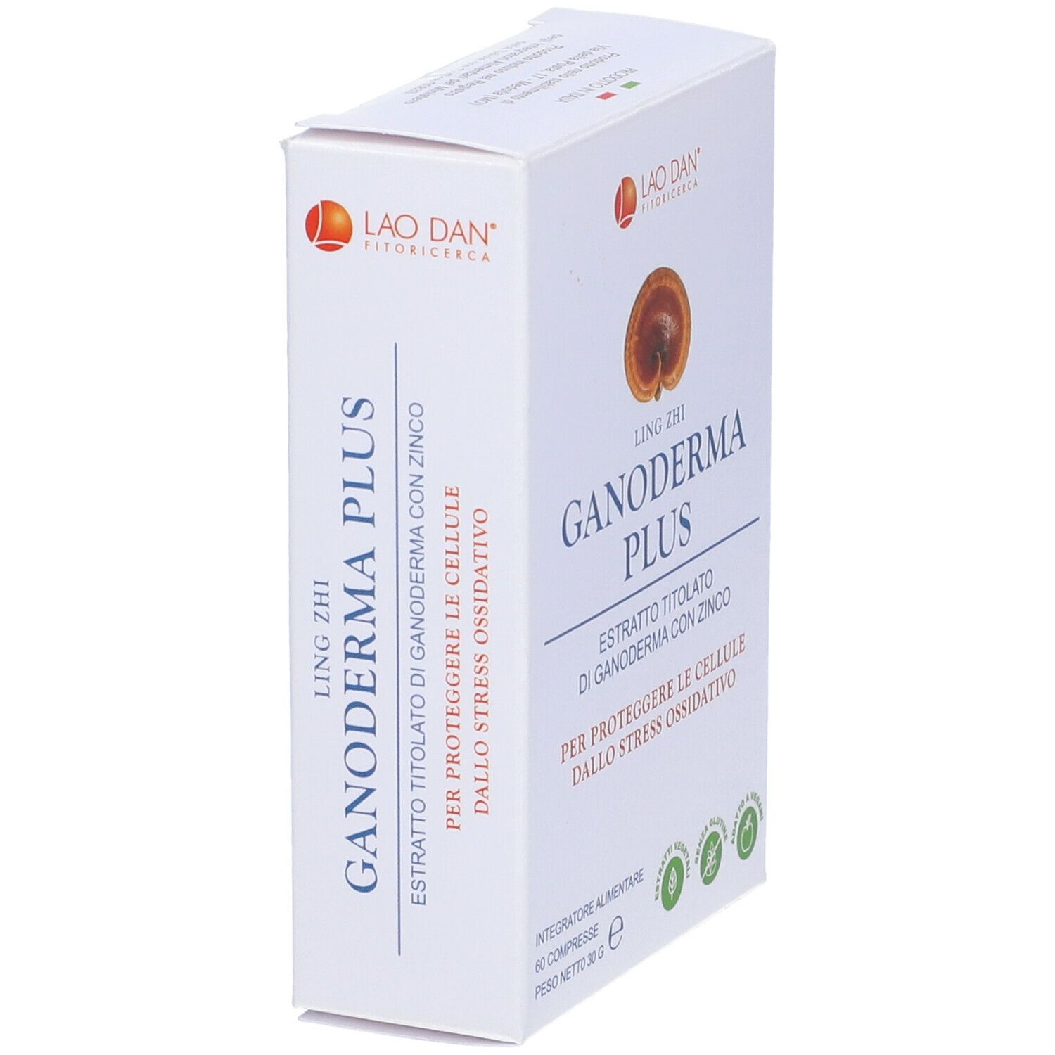 Scatola bianca con 'Ganoderma Plus'. Vista laterale. Logo, nome prodotto e informazioni.