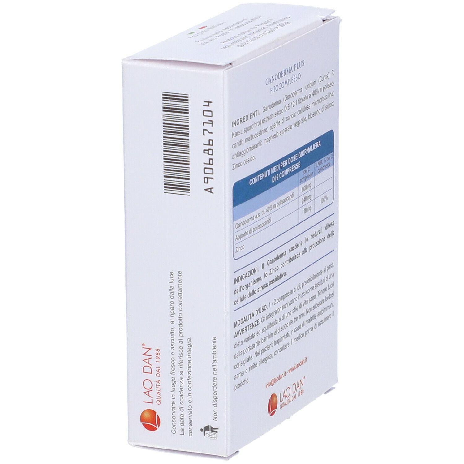 Vista laterale della scatola 'Ganoderma Plus'. Codice a barre e informazioni prodotto.