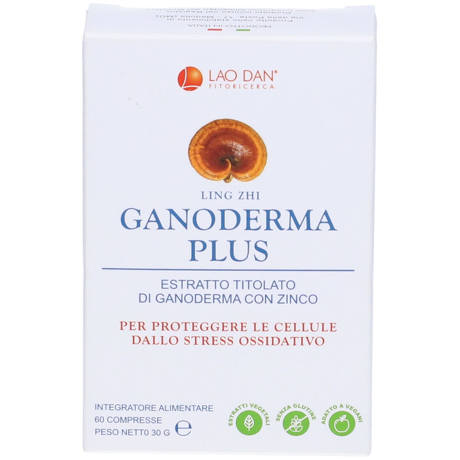 Scatola bianca con 'Ganoderma Plus'. Vista frontale. Logo, nome prodotto e informazioni.