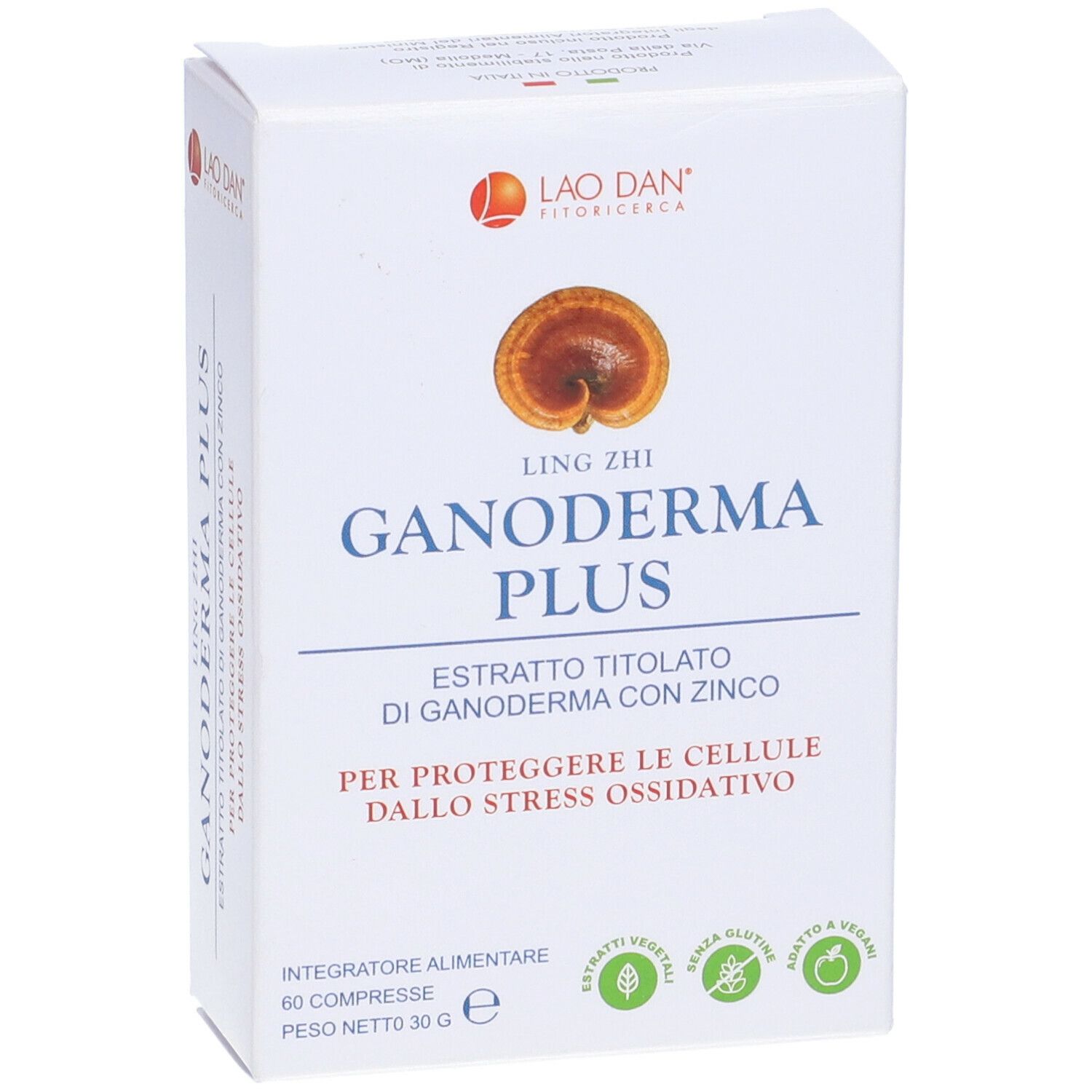Scatola bianca con 'Ganoderma Plus'. Vista frontale. Logo, nome prodotto e informazioni.