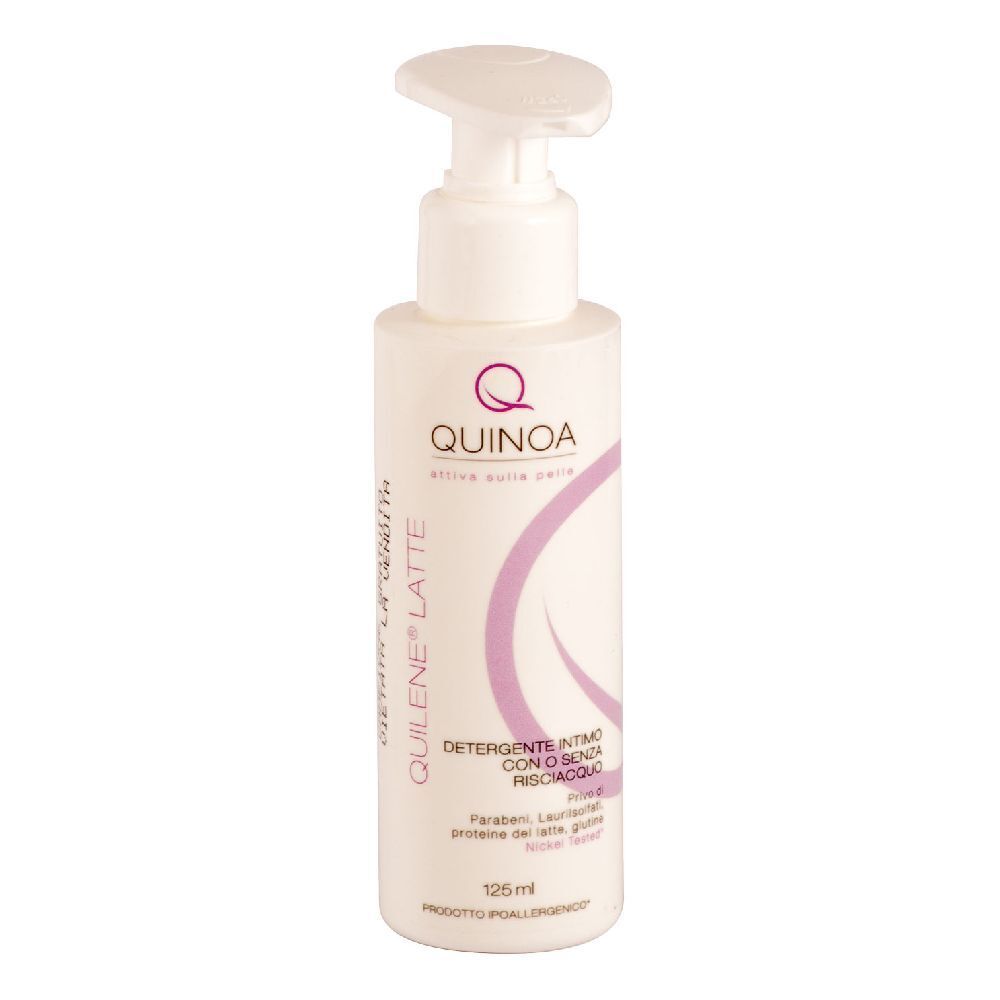 Flacone bianco con dosatore a pompa. Scritta: Quilene Latte, Quinoa, detergente intimo. 125 ml.