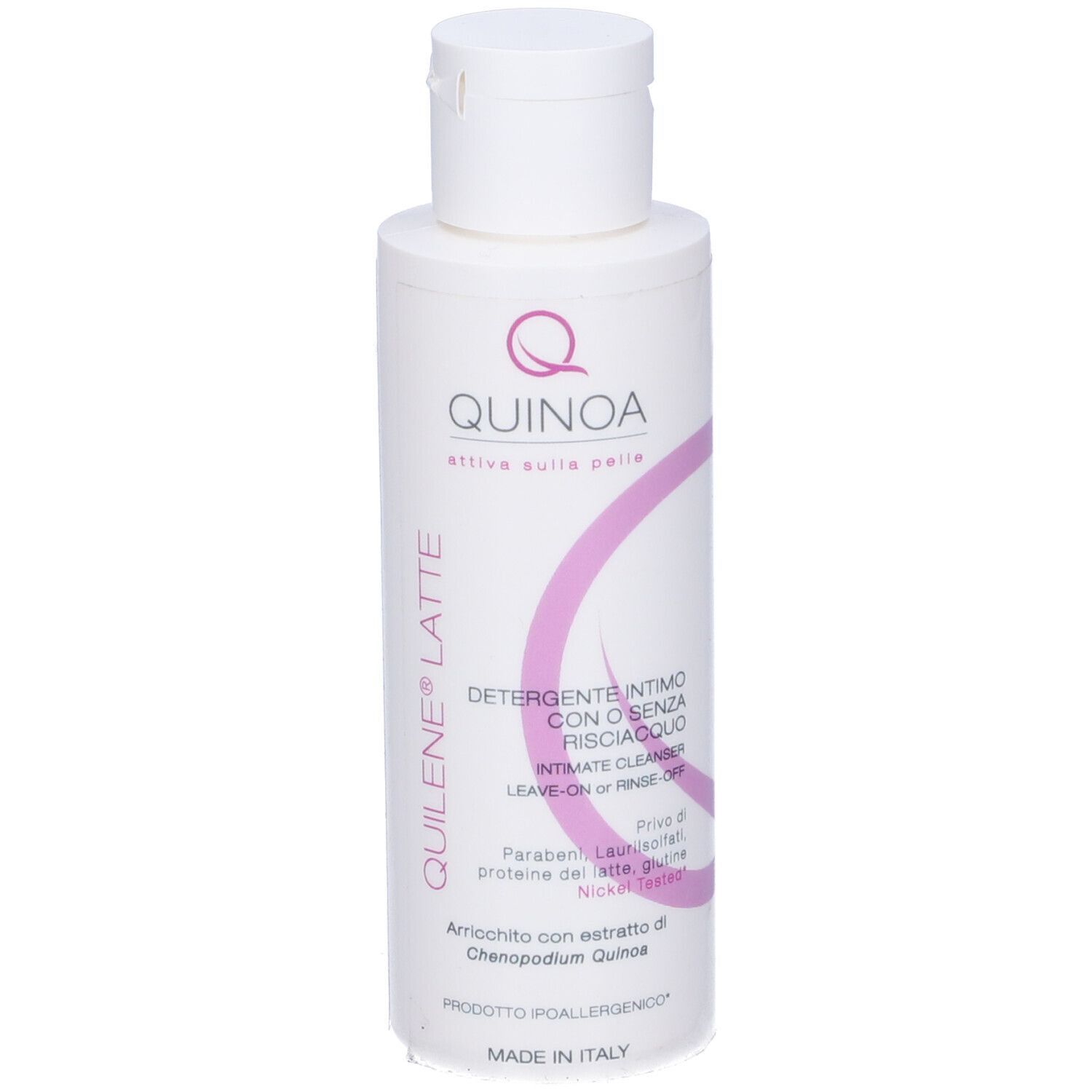 Flacone bianco con tappo a vite. Scritta: Quilene Latte, Quinoa, detergente intimo.