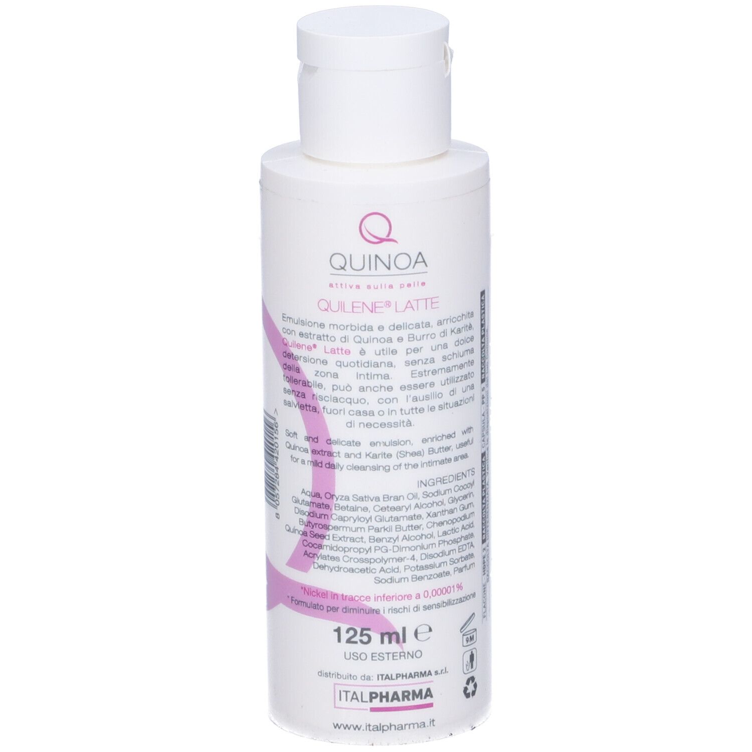 Flacone bianco con tappo a vite. Scritta: Quilene Latte, Quinoa, 125 ml, informazioni prodotto.