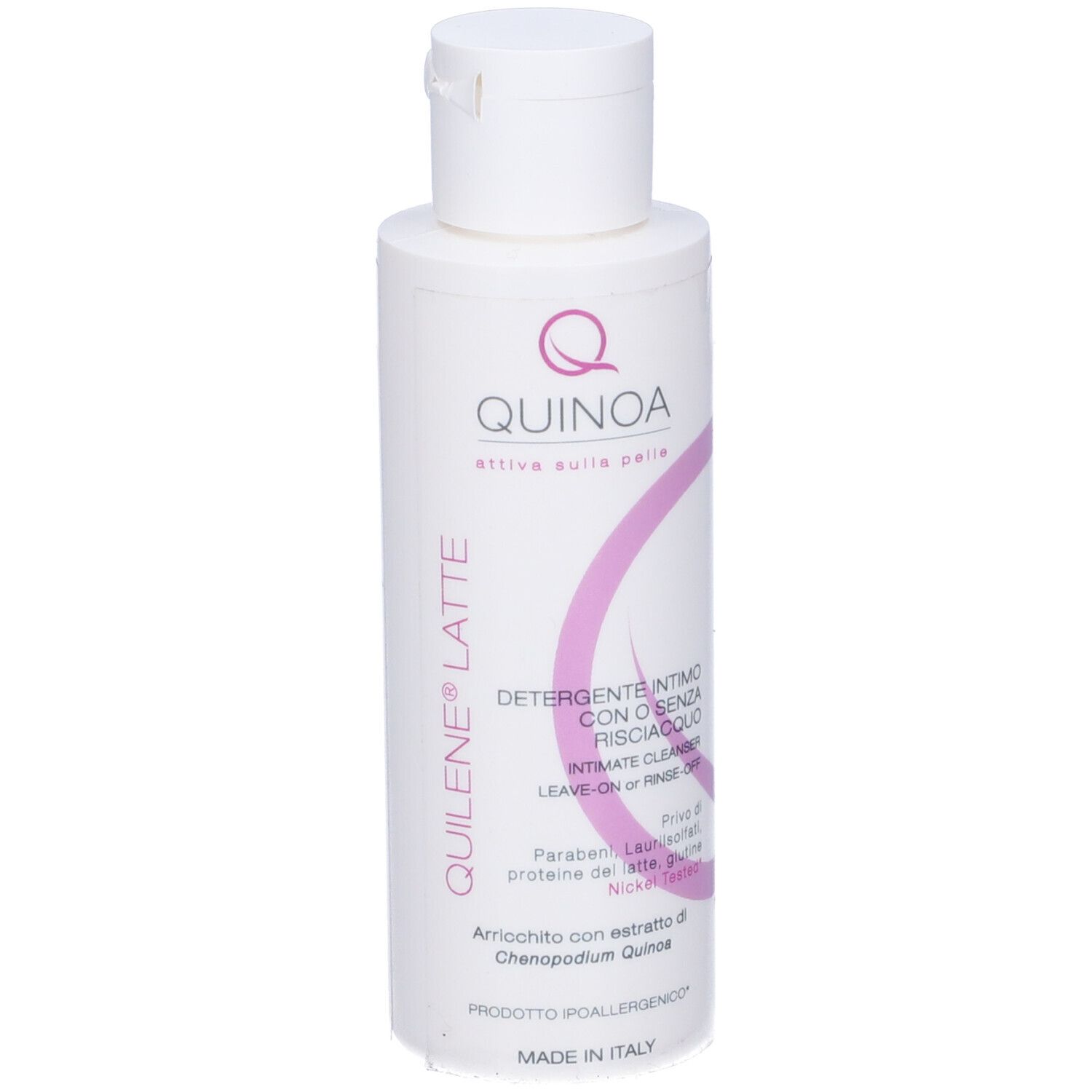 Flacone bianco con tappo a vite. Scritta: Quilene Latte, Quinoa, detergente intimo.