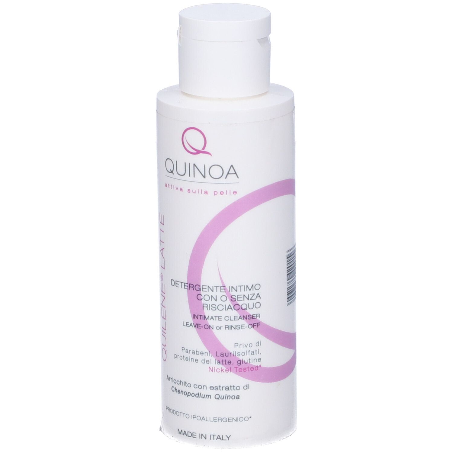 Flacone bianco con tappo a vite. Scritta: Quilene Latte, Quinoa, detergente intimo.
