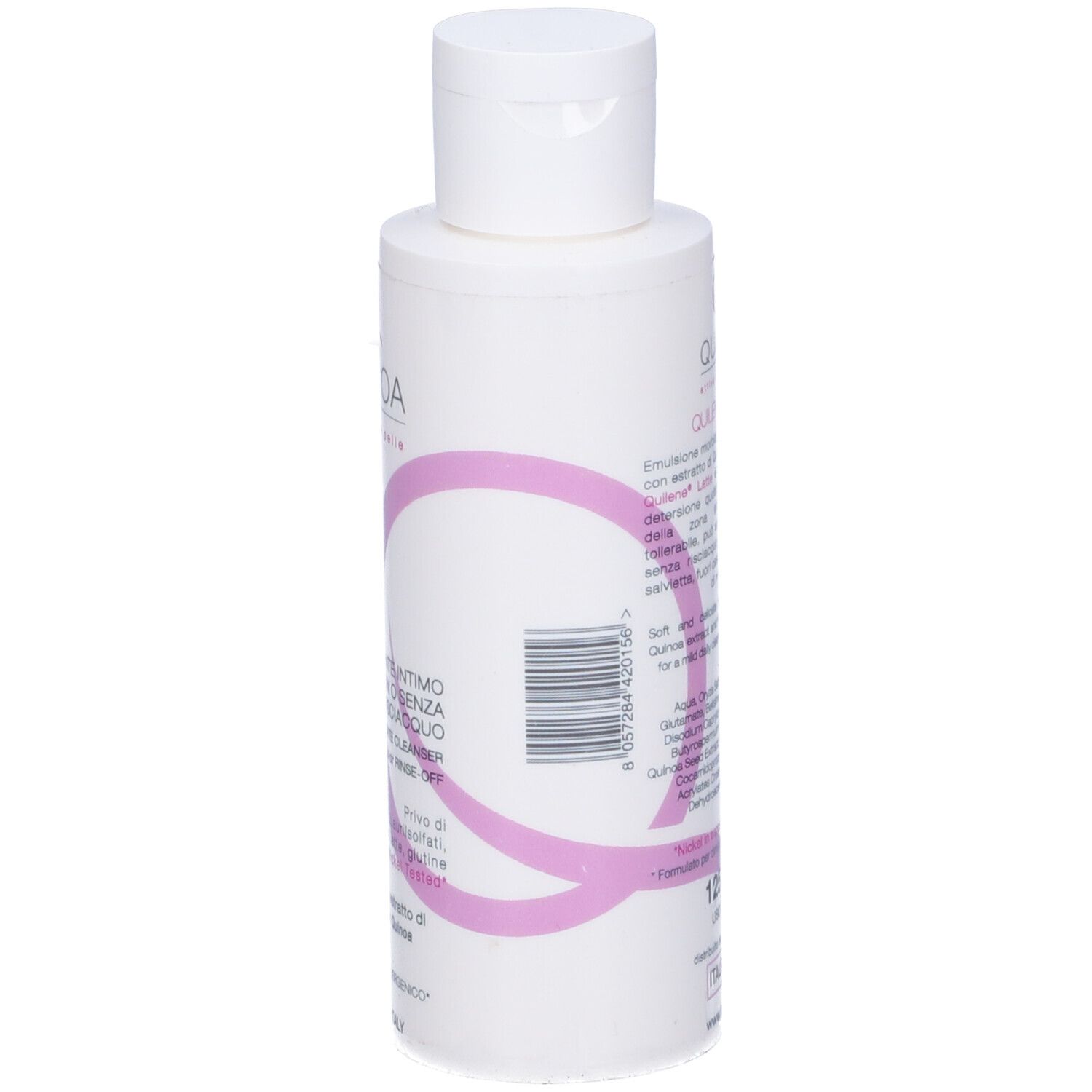 Flacone bianco con tappo a vite. Scritta: Quilene Latte, Quinoa, detergente intimo.