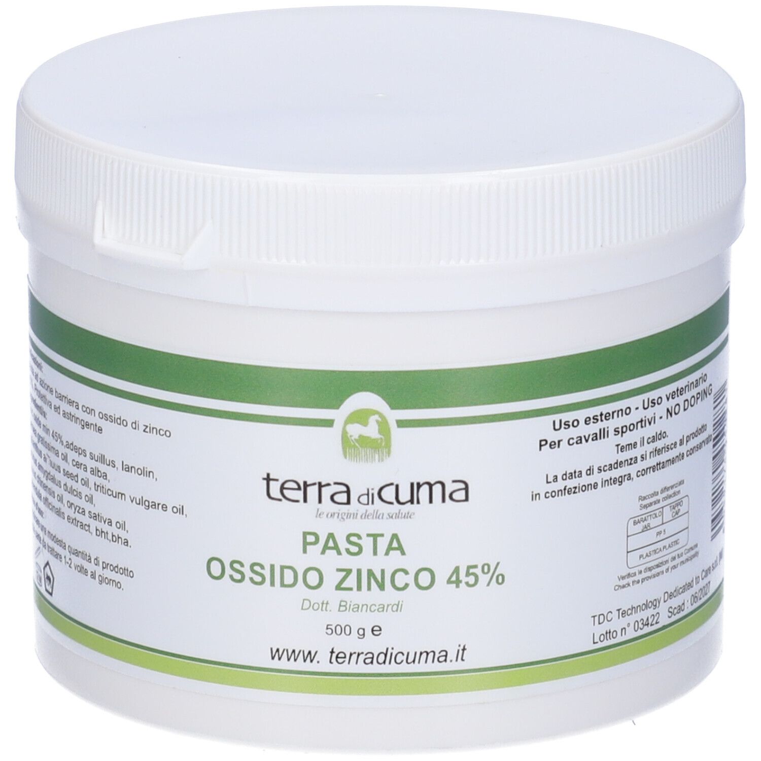 Contenitore bianco con etichetta verde. Scritta: Pasta Ossido Zinco 45%. Marchio: terra di cuma.