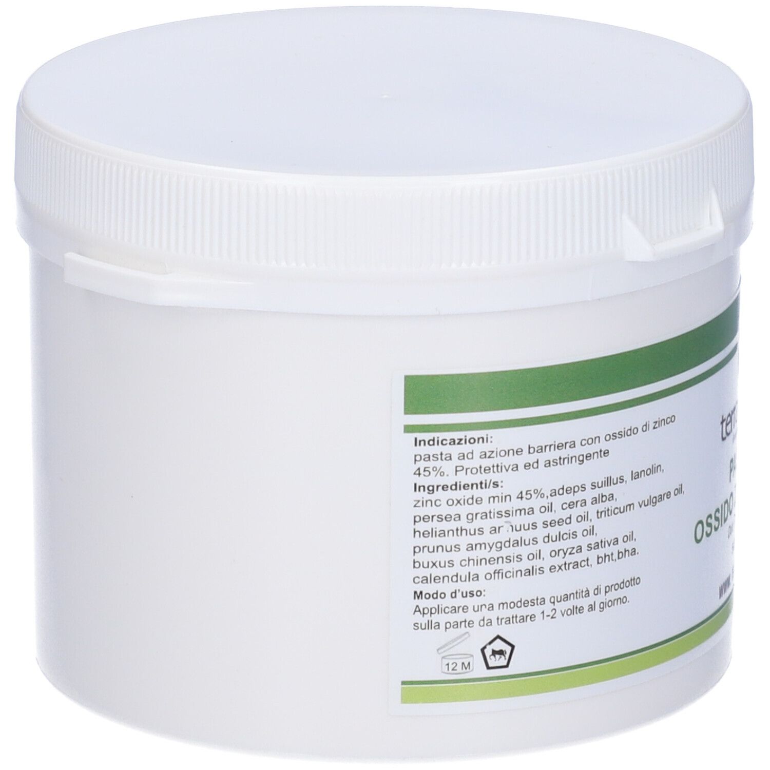 Contenitore bianco con etichetta verde. Elenco ingredienti e istruzioni per l'uso.
