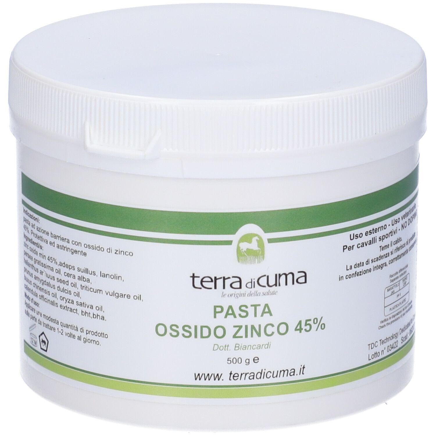 Contenitore bianco con etichetta verde. Scritta: Pasta Ossido Zinco 45%. Marchio: terra di cuma.