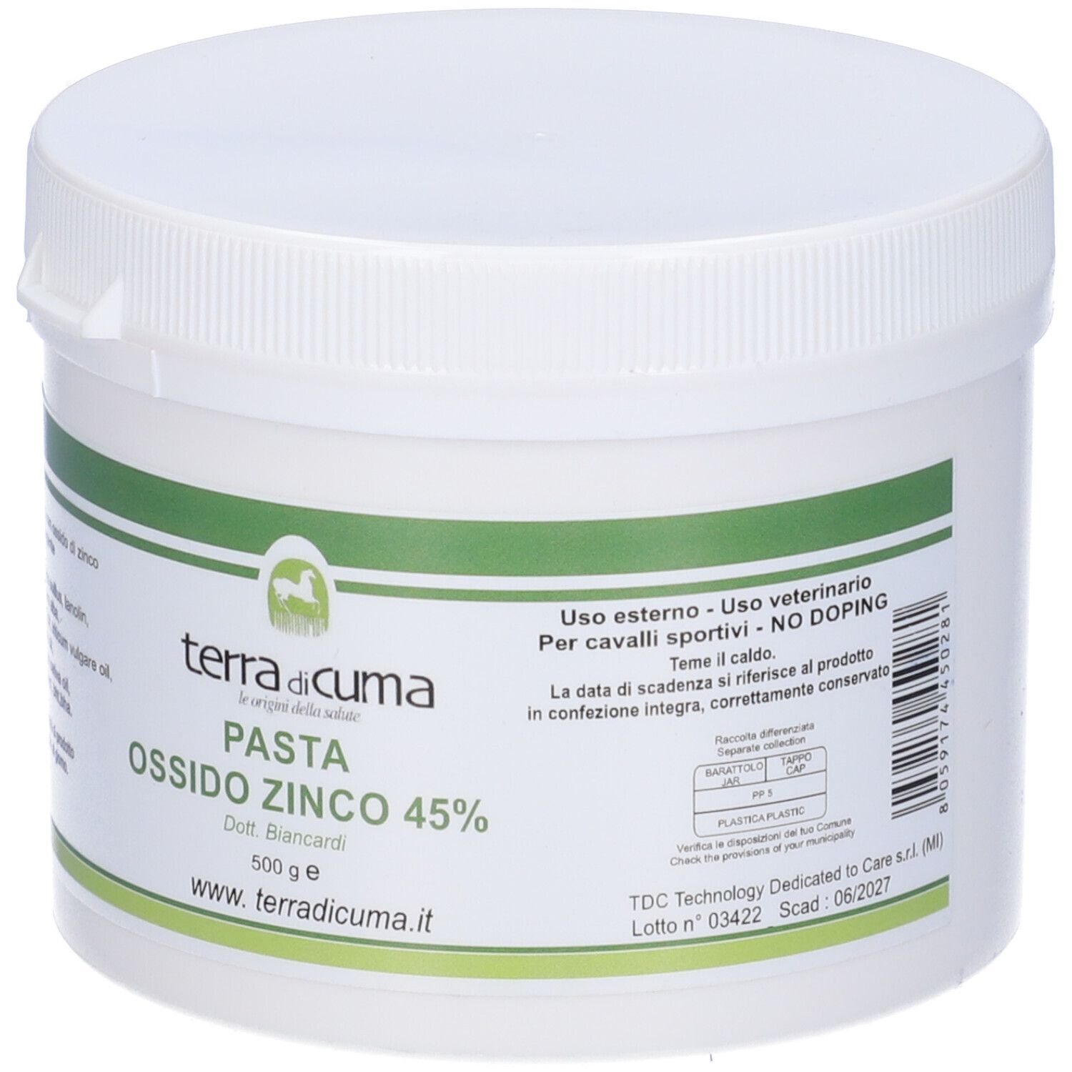 Contenitore bianco con etichetta verde. Scritta: Pasta Ossido Zinco 45%. Marchio: terra di cuma.