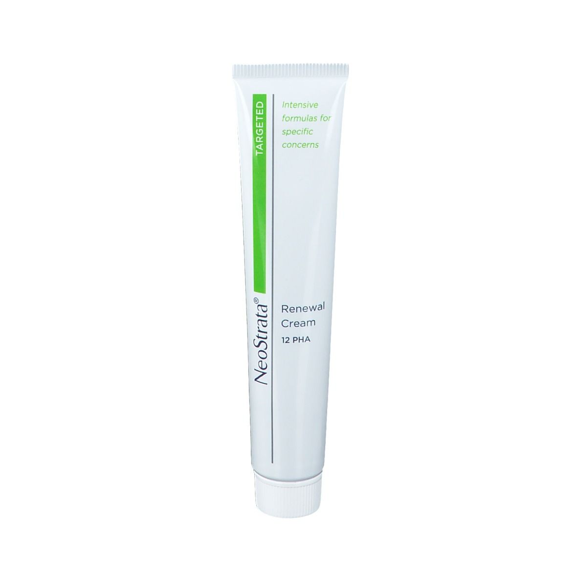 Weiße Tube mit grünen und schwarzen Akzenten. Aufschrift: NeoStrata Renewal Cream 12 PHA. Auf der Tube steht "Targeted".