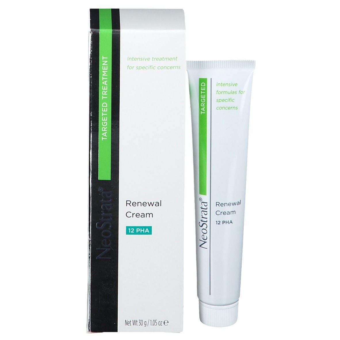 Produktverpackung und Tube. Verpackung: Weiß mit grünen und schwarzen Akzenten. Tube: Weiß mit grünen und schwarzen Akzenten. Aufschrift: NeoStrata.
