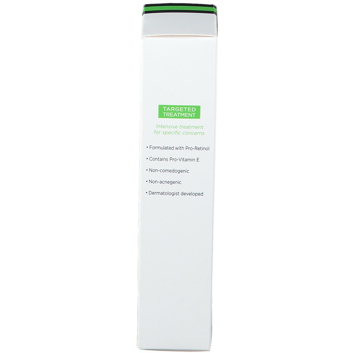 Weiße Produktverpackung. Aufschrift: Targeted Treatment. Enthält Informationen über das Produkt, wie z.B. Inhaltsstoffe und Eigenschaften.