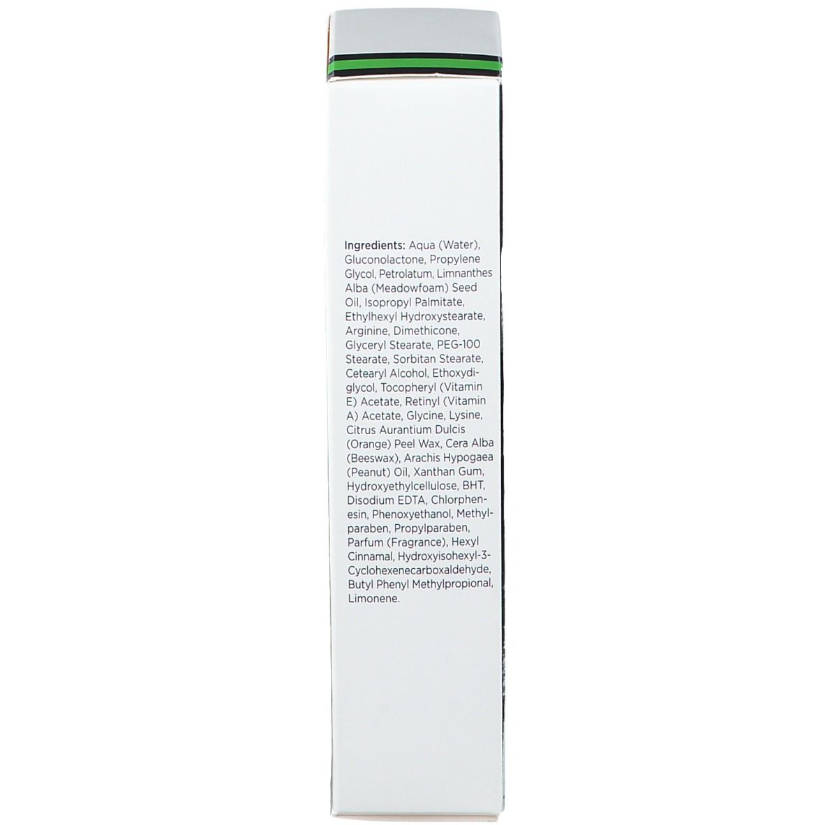 Seite der Produktverpackung. Enthält eine Liste der Inhaltsstoffe des Produkts. Text in englischer Sprache.