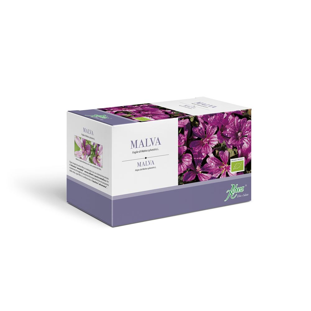 Scatola con immagine di fiori di Malva. Scritta: MALVA. Logo: Aboca. Certificazione biologica.