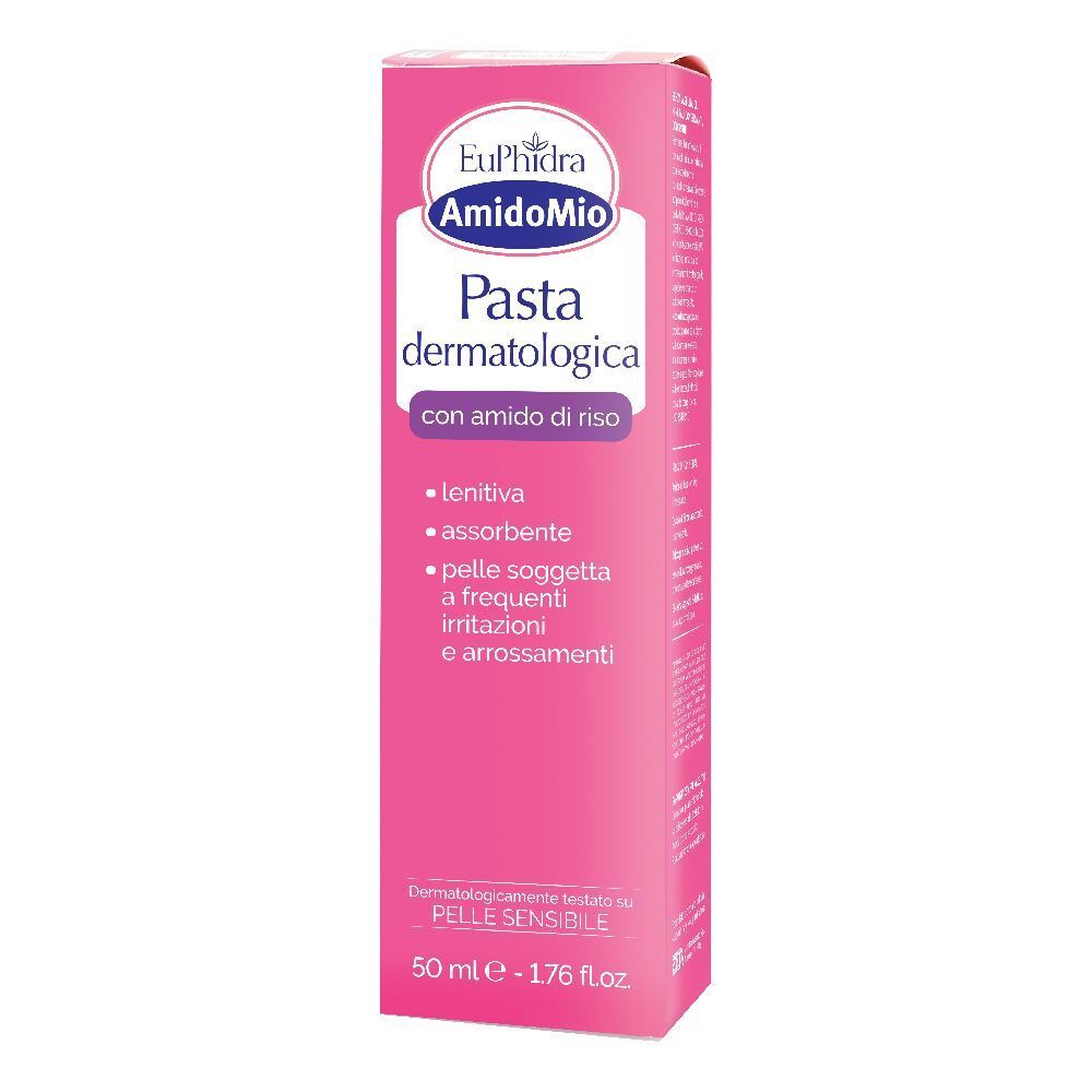 Rosa Schachtel mit Produktnamen und Logo. Text: Pasta dermatologica, mit Reisstärke. 50 ml.