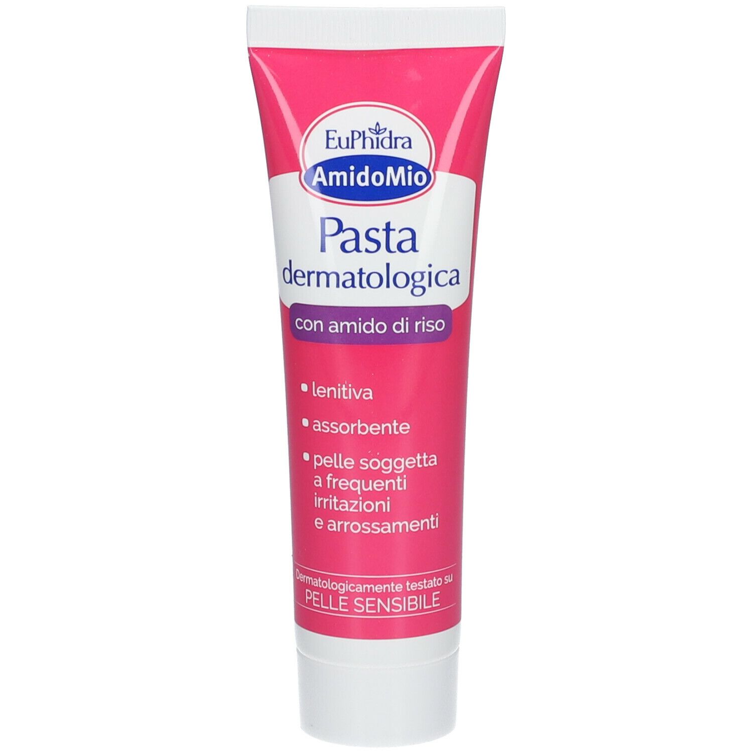 Rosa Tube mit Produktnamen und Logo. Text: Pasta dermatologica, mit Reisstärke. Weiße Kappe.