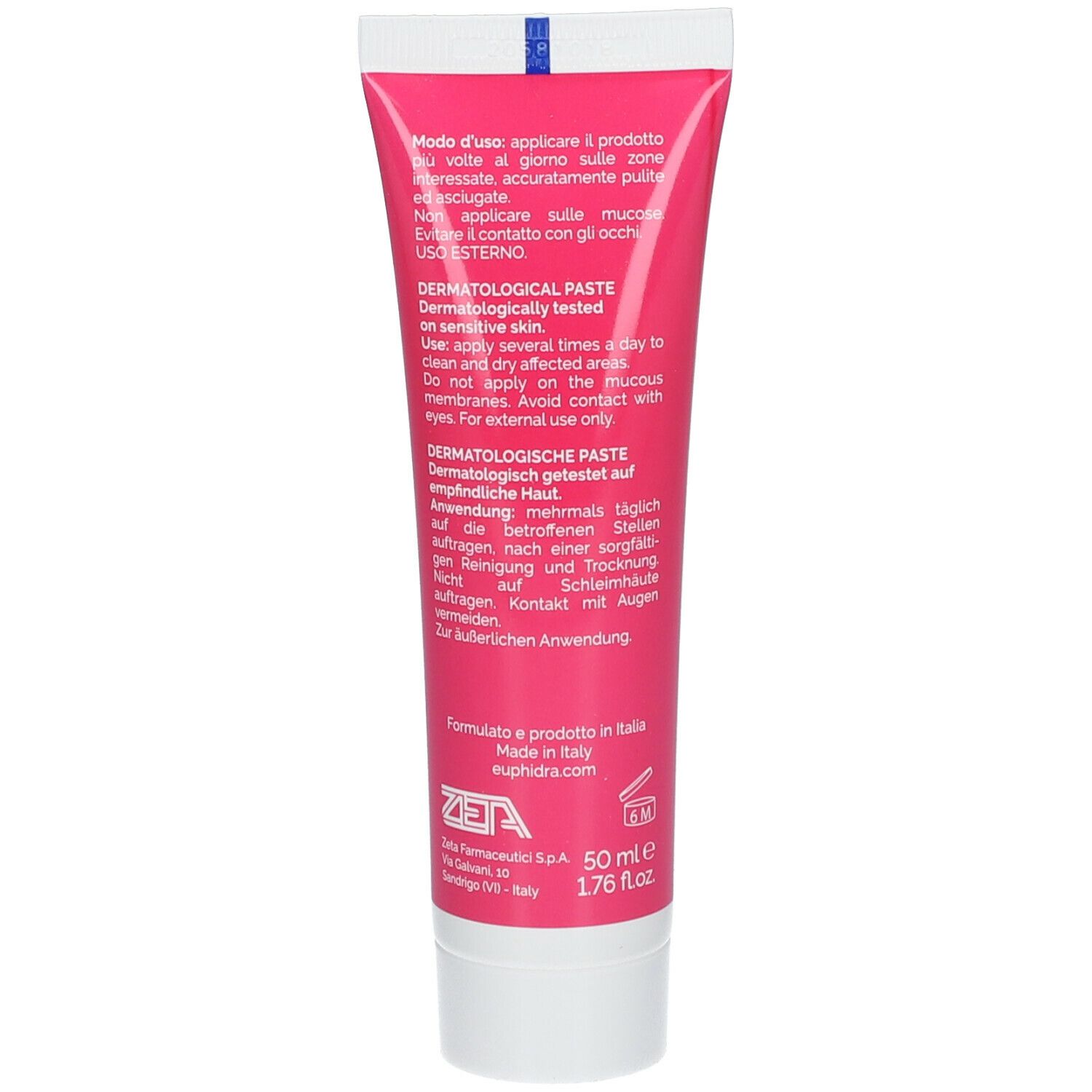 Rückseite der Tube. Text: Dermatologische Paste. Anwendungshinweise in mehreren Sprachen. 50 ml.