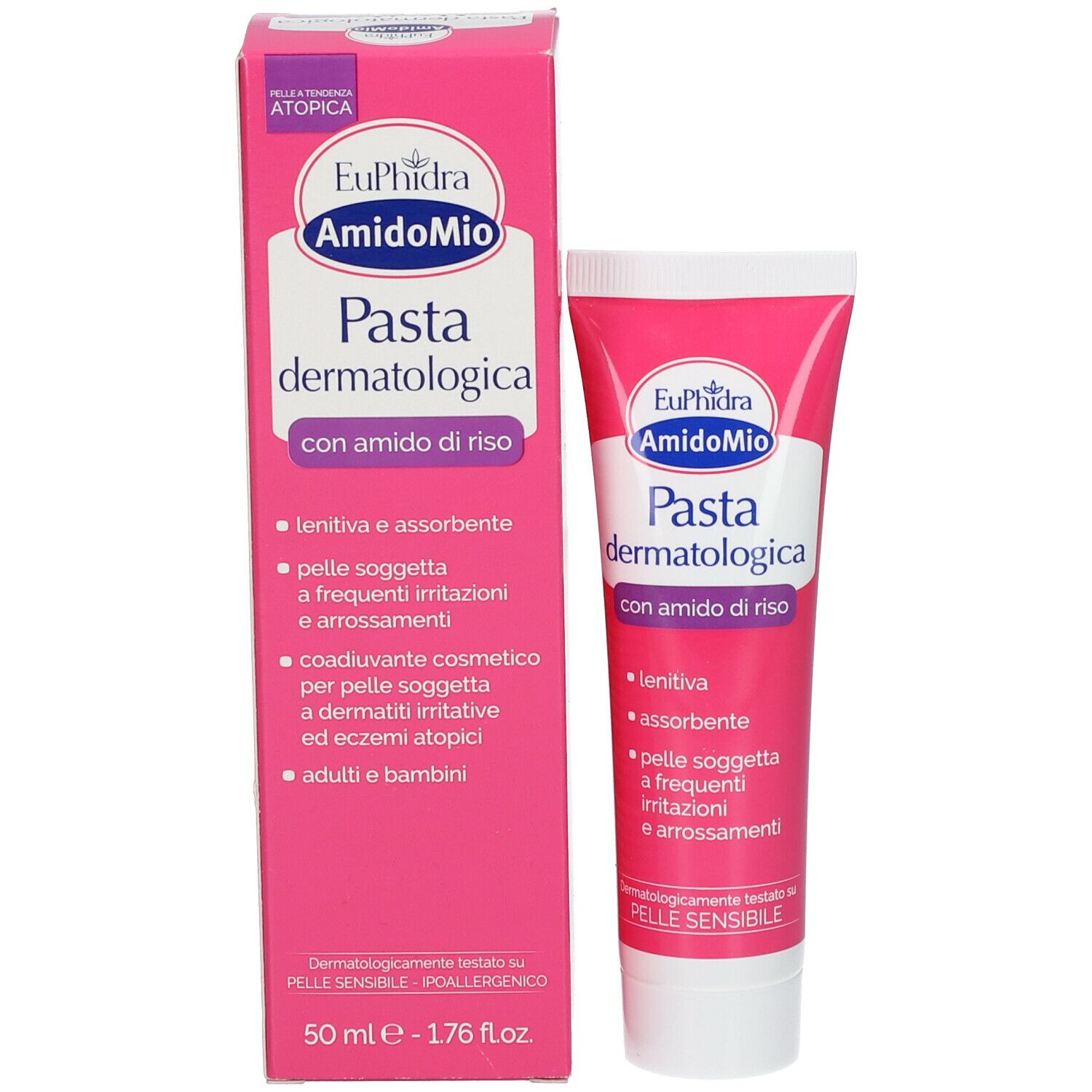 Rosa Schachtel und Tube. Schachtel mit Produktnamen und Logo. Tube mit Produktnamen und Logo.
