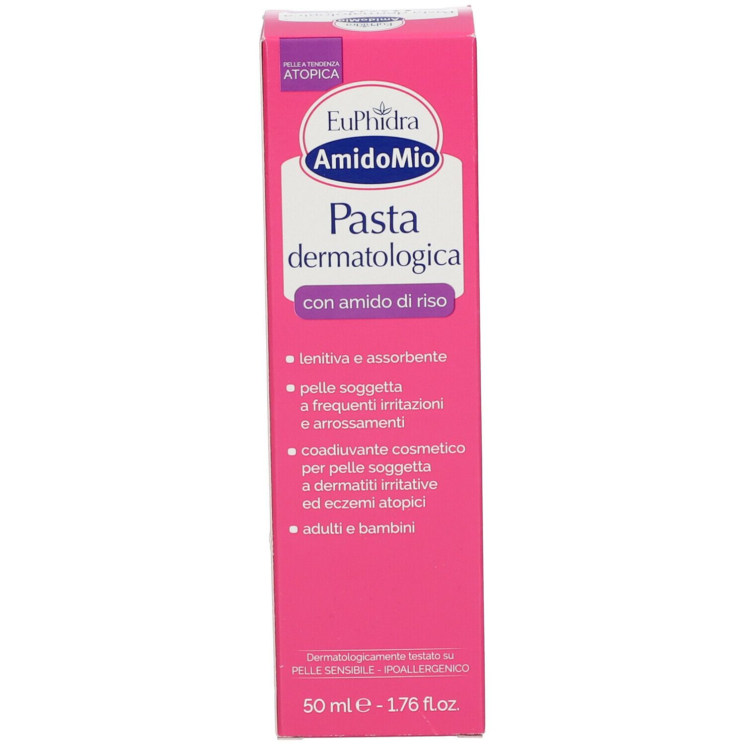 Rosa Schachtel mit Produktnamen und Logo. Text: Pasta dermatologica, mit Reisstärke. 50 ml.