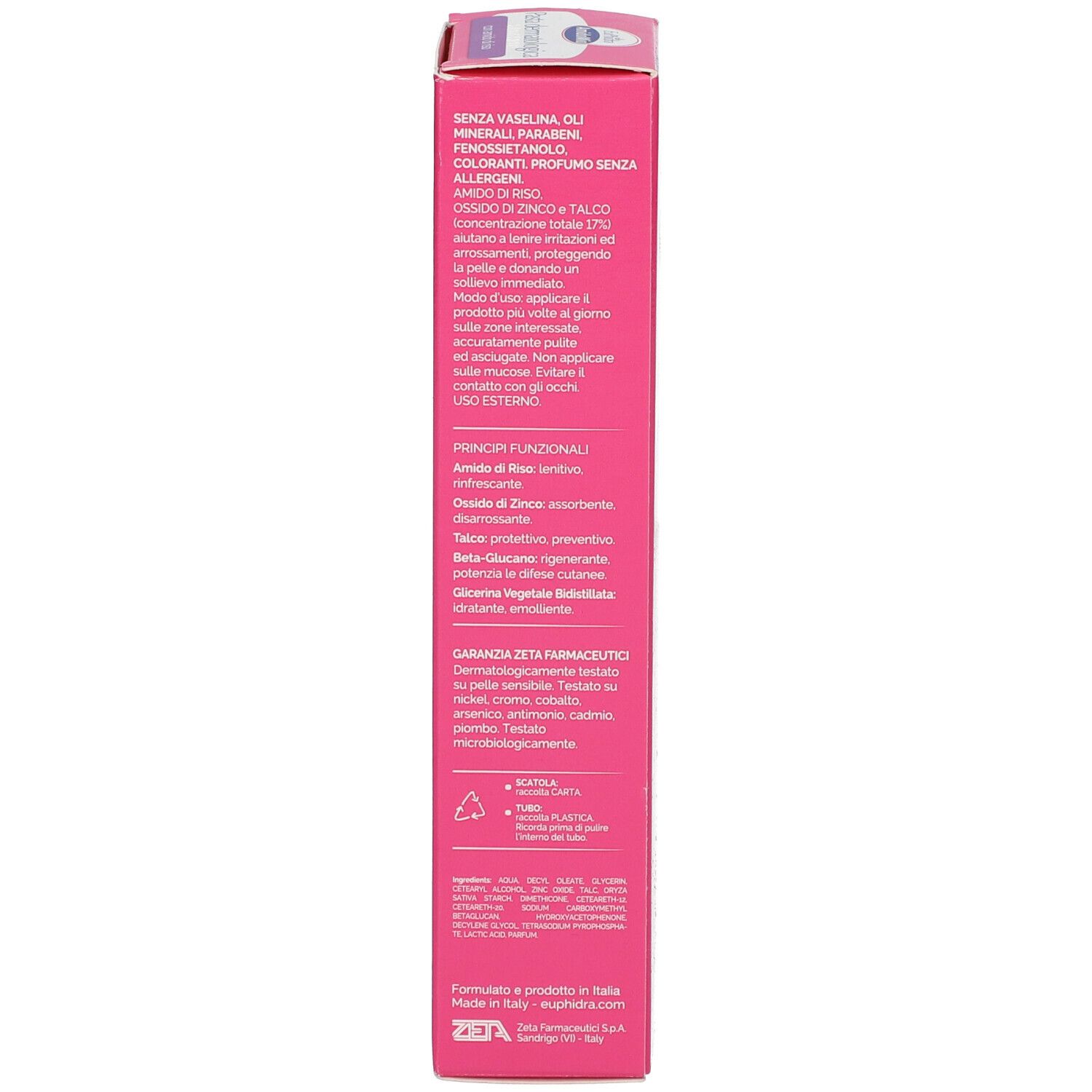Seite der rosa Schachtel. Text: Inhaltsstoffe, Funktionsprinzipien, Garantie. Hergestellt in Italien.