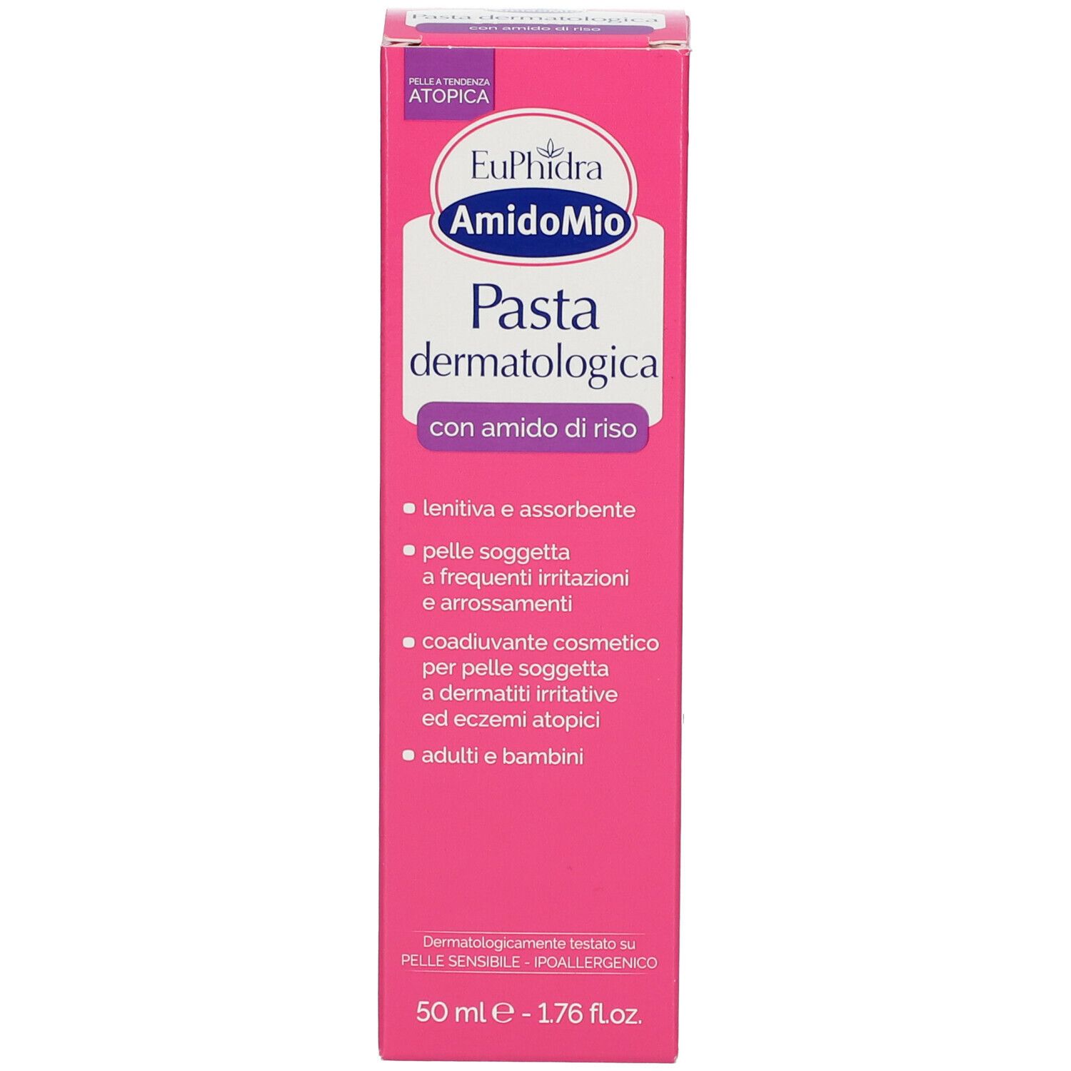 Rosa Schachtel mit Produktnamen und Logo. Text: Pasta dermatologica, mit Reisstärke. 50 ml.