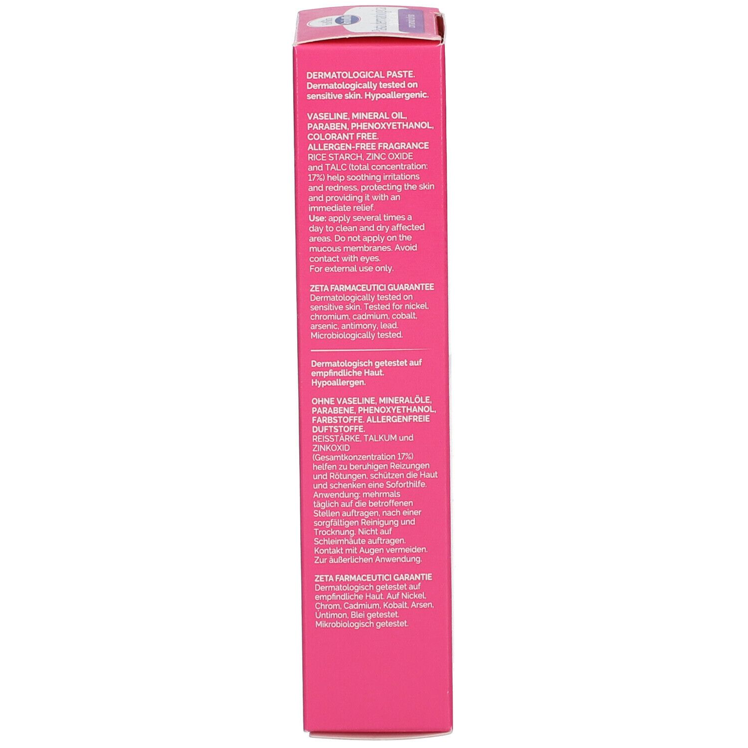 Seite der rosa Schachtel. Text: Inhaltsstoffe, Funktionsprinzipien, Garantie. Hergestellt in Italien.