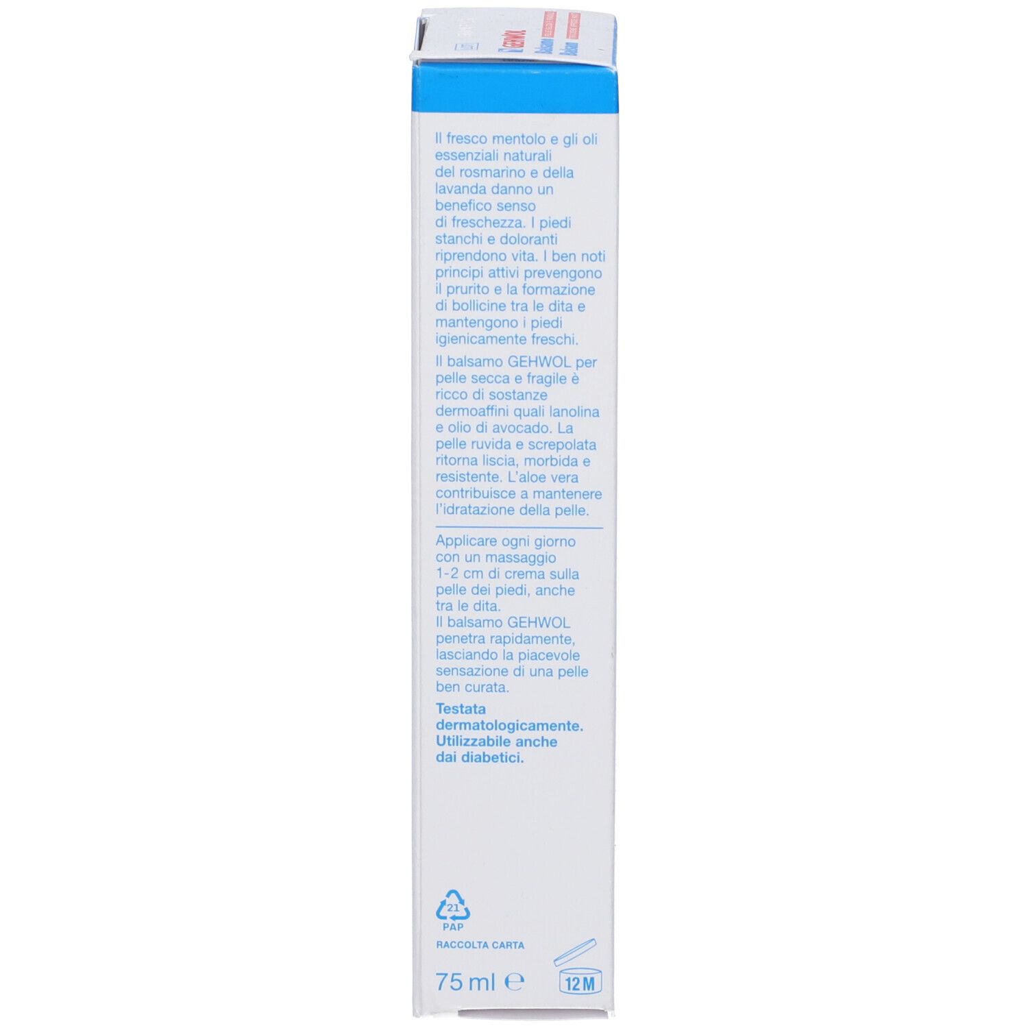 Rückseite der Kartonverpackung. Text und Informationen. Blau-weiße Farbgebung. 75 ml. 12M-Symbol.